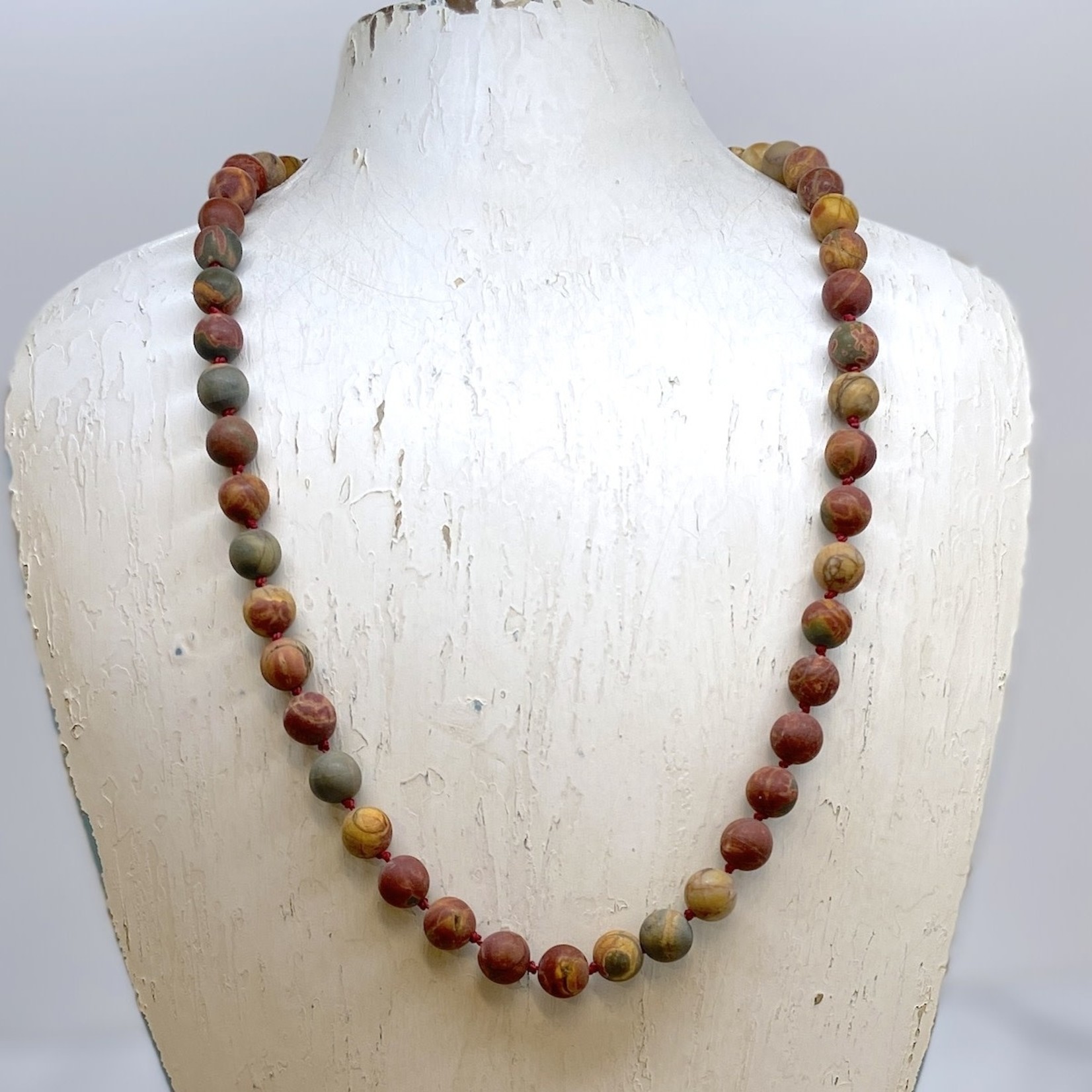 Handmade Necklace with matte picasso jasper knotted on red silk with 14 k g.f. findings
