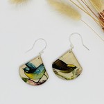 Fan-Shape Wood + Paper Vintage Bird Earrings