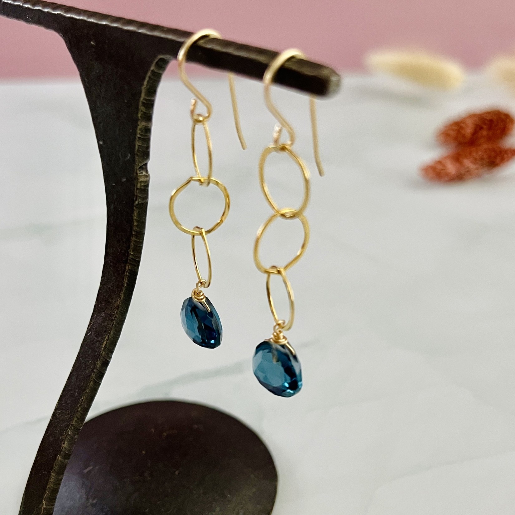 Judy Brandon Jewelry Long Goldfill Loopy Earrings with Blue Topaz Drop