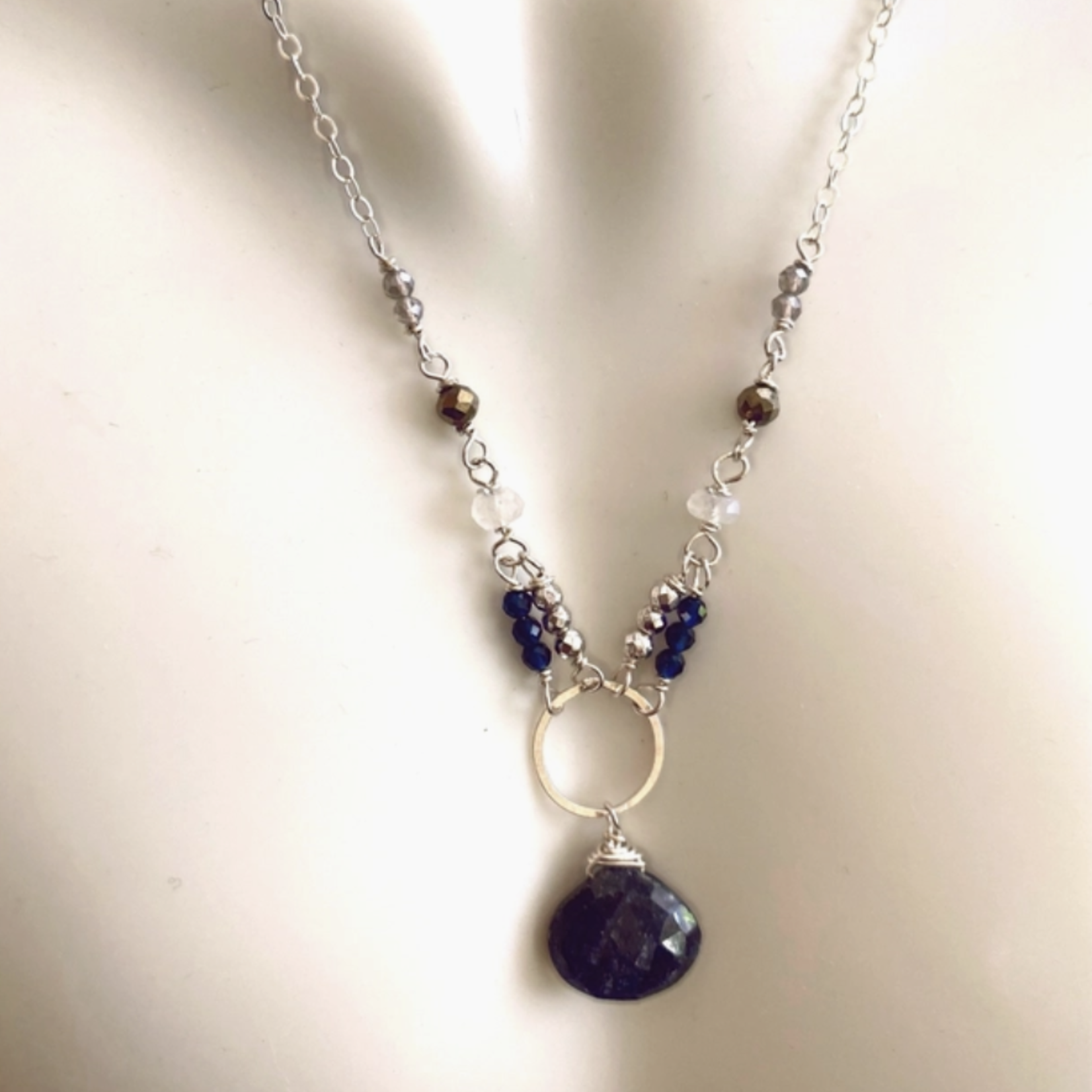 Judy Brandon Jewelry Sapphire Drop with Labradorite, Pyrite and Moonstone Silver Necklace