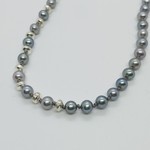 EVANKNOX Handmade Necklace with silver pearls, silver saucers knotted on grey silk