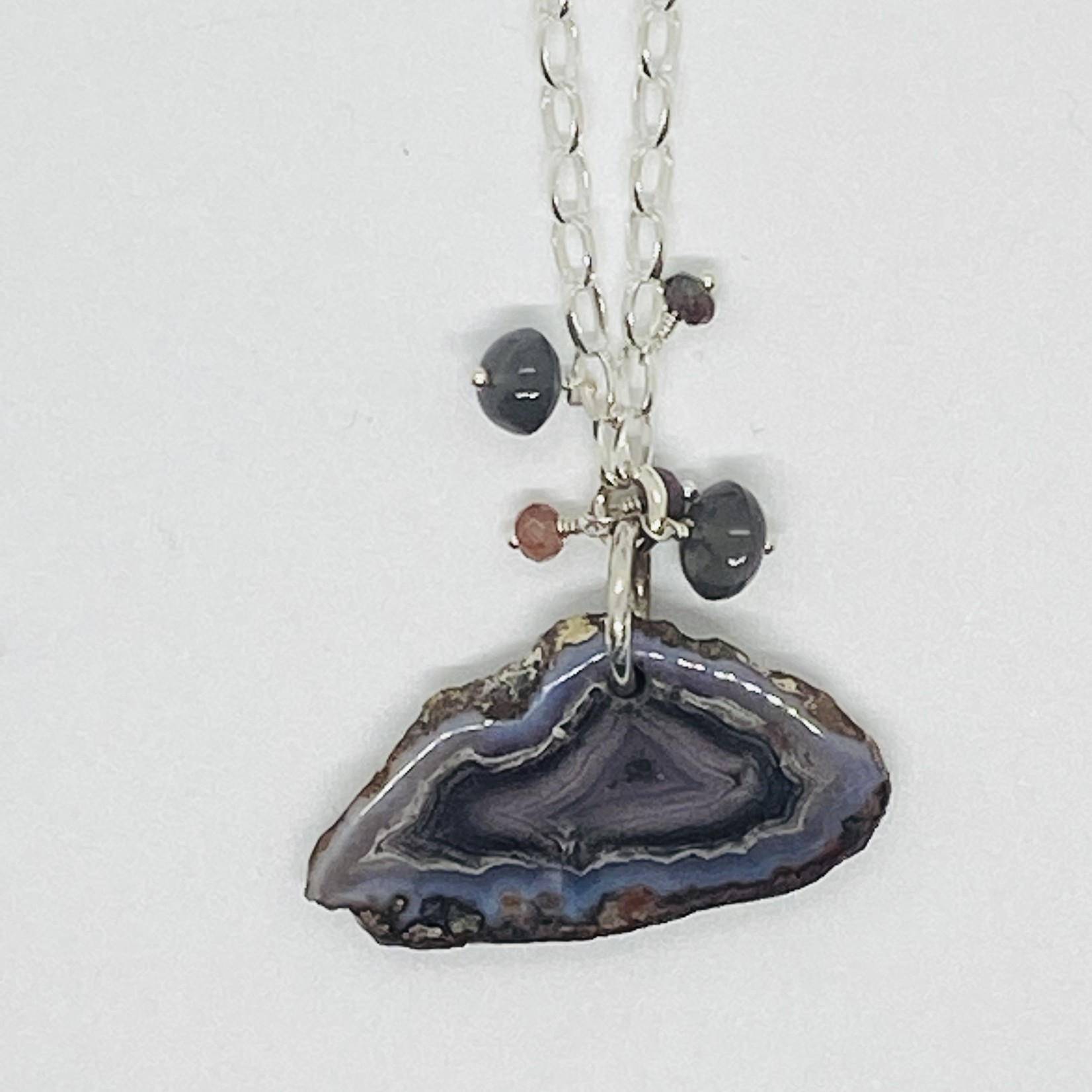 EVANKNOX Handmade Necklace with purple agate slice, grey moonstone
