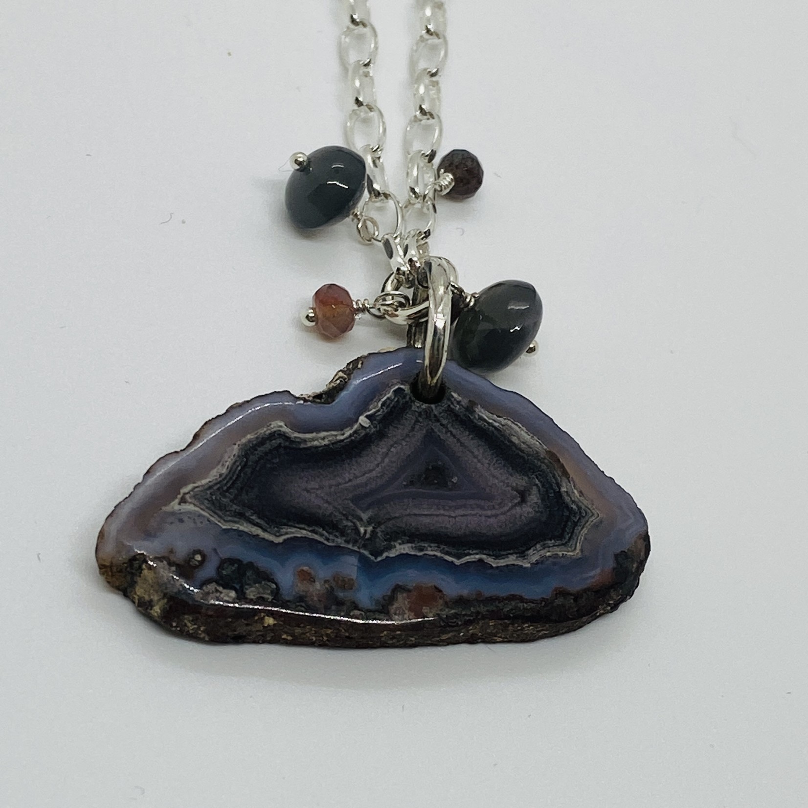 EVANKNOX Handmade Necklace with purple agate slice, grey moonstone