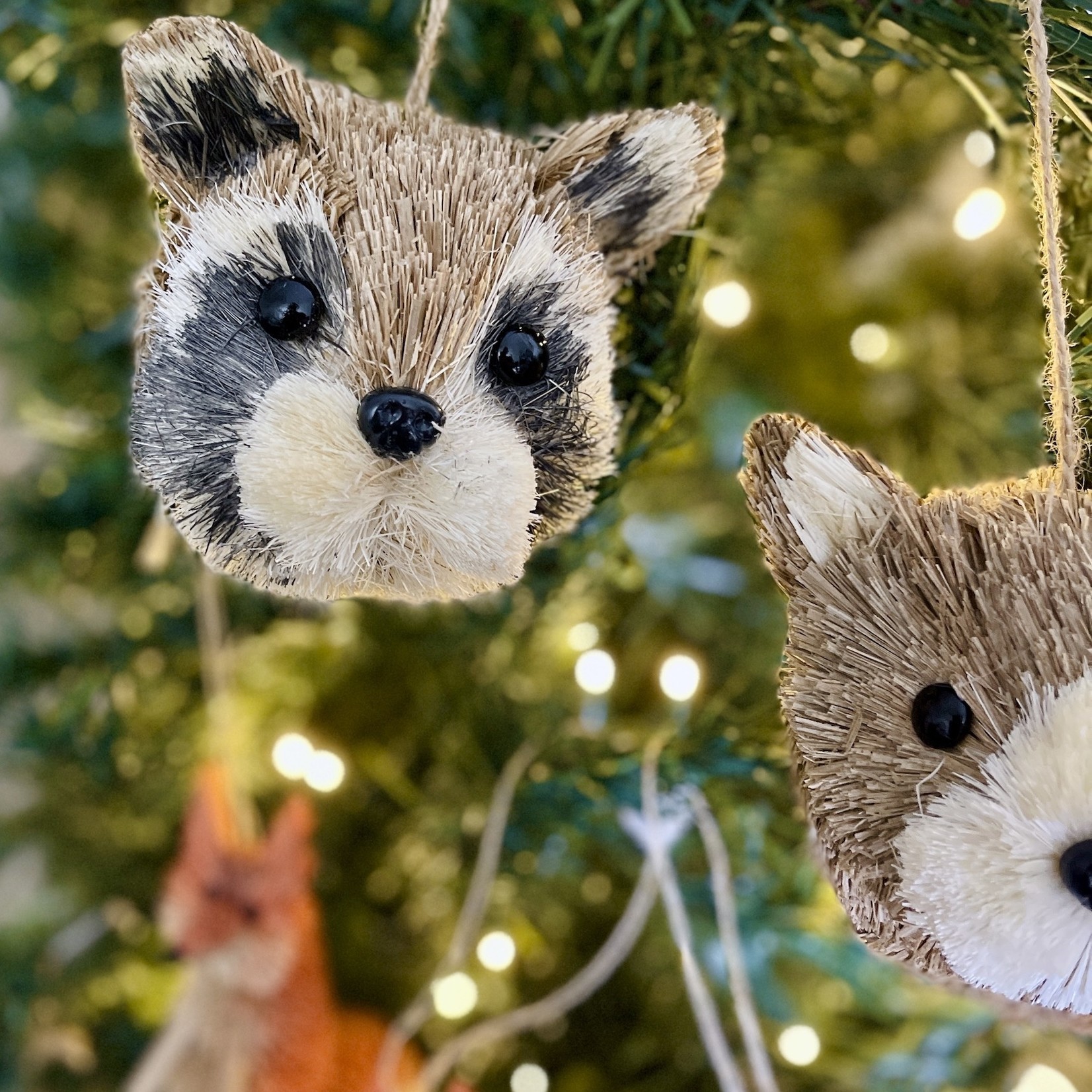 Sisal Bottle Brush Raccoon and Bear Ornament