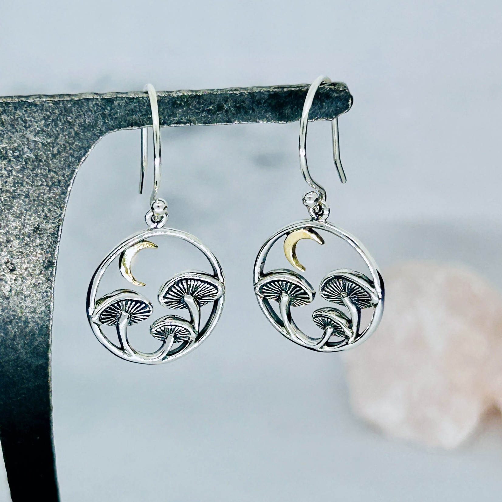 Nina Designs Silver Mushroom Dangle Earrings with Bronze Moon