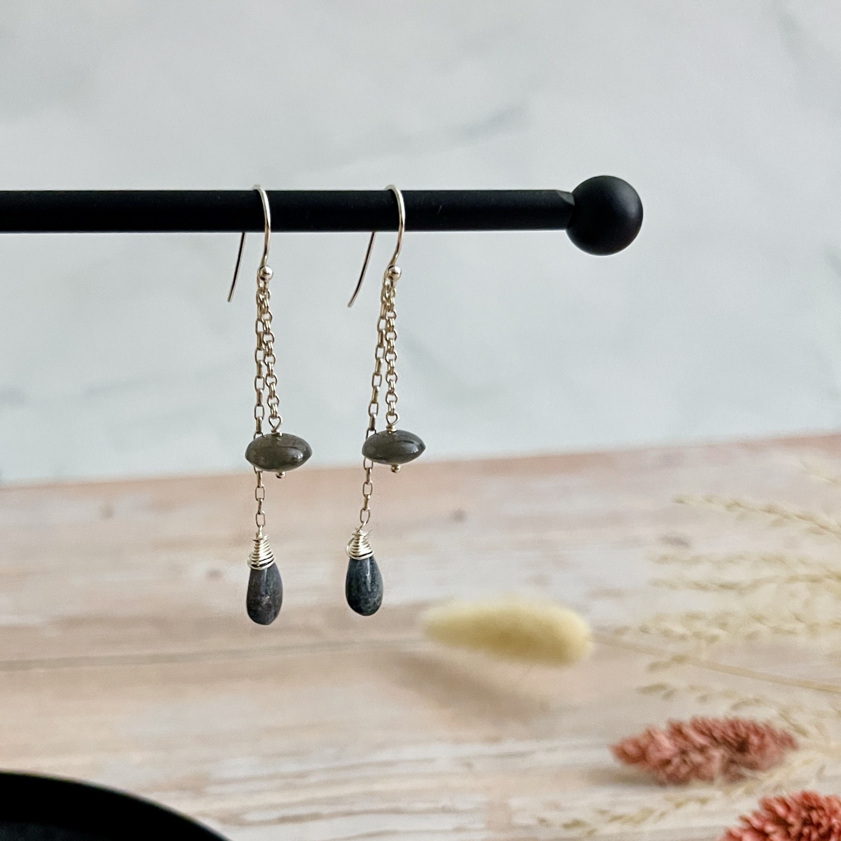 Handmade Earrings with grey moonstone, blue quartz briolette on 2 chains