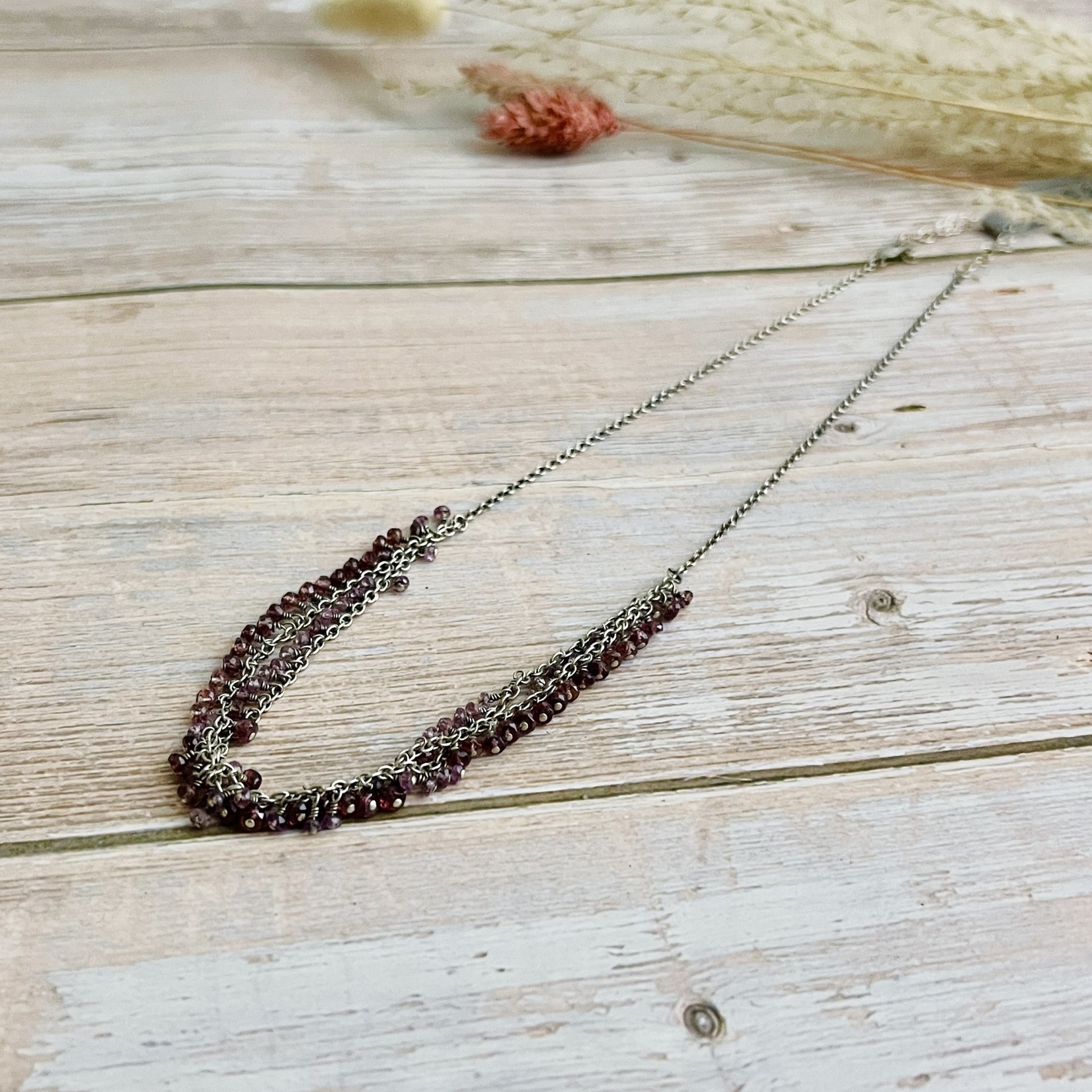 Handmade Necklace with 1/2 double: pink/red sapphire, 17"