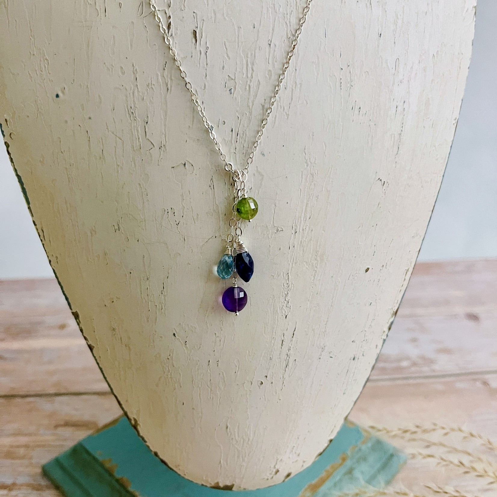 Handmade Necklace with green garnet coin, amethyst coin, kyanite marquise briolette, sky blue topaz blue topaz blue topaz briolette 2 chains