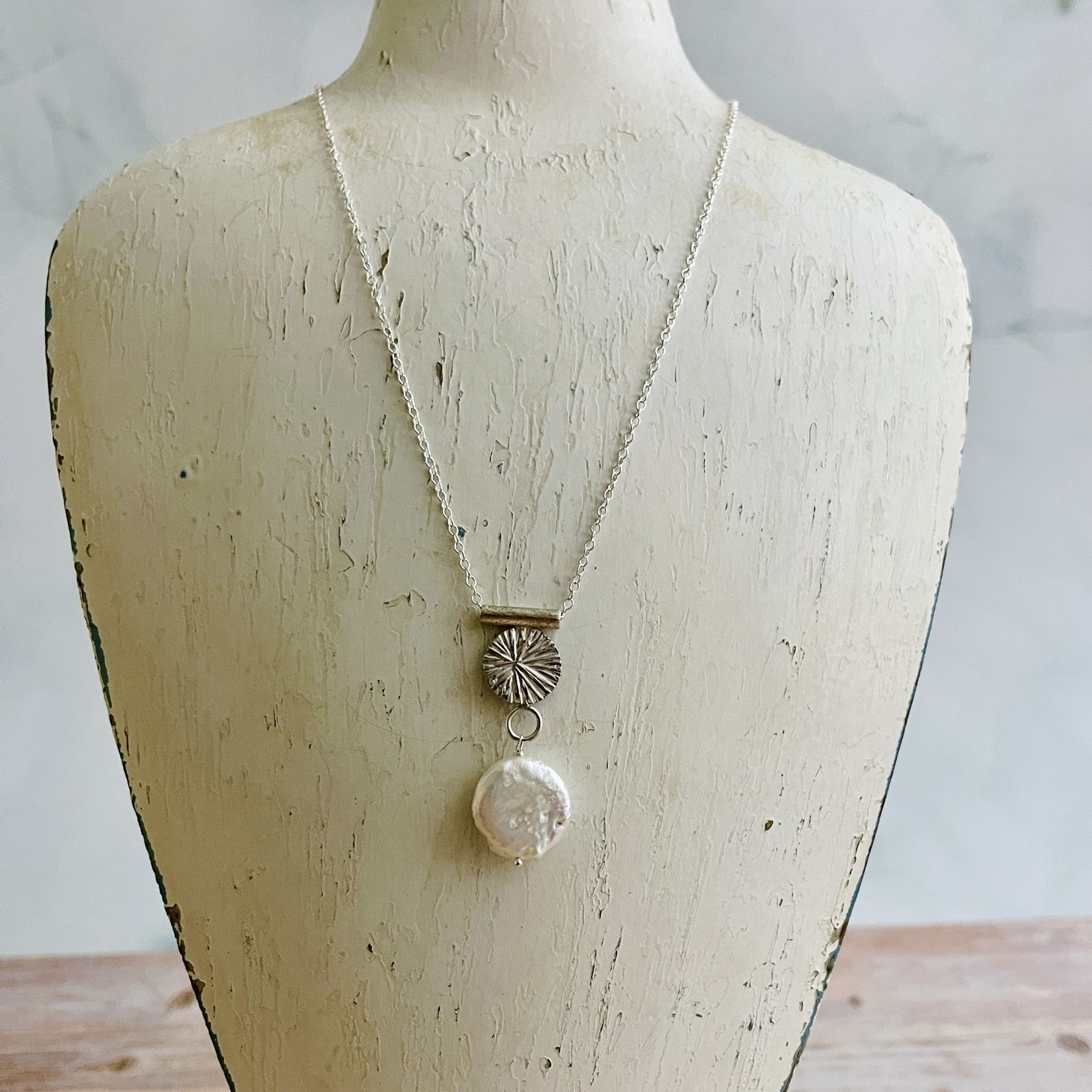 Handmade Necklace with brushed tube-starburst disk bail, white coin pearl 16", 1.75"