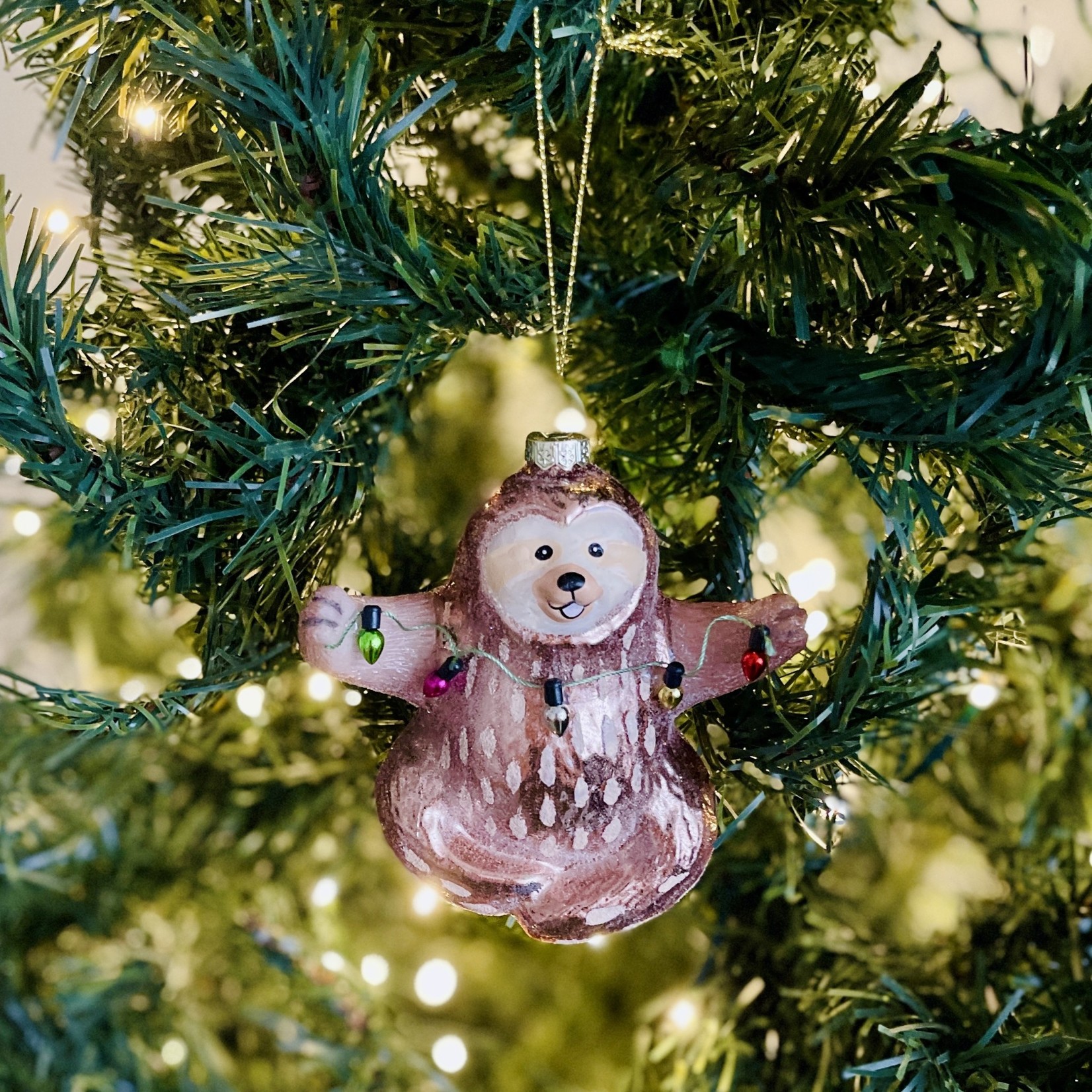 4-1/4"H Hand-Painted Glass Sloth Ornament