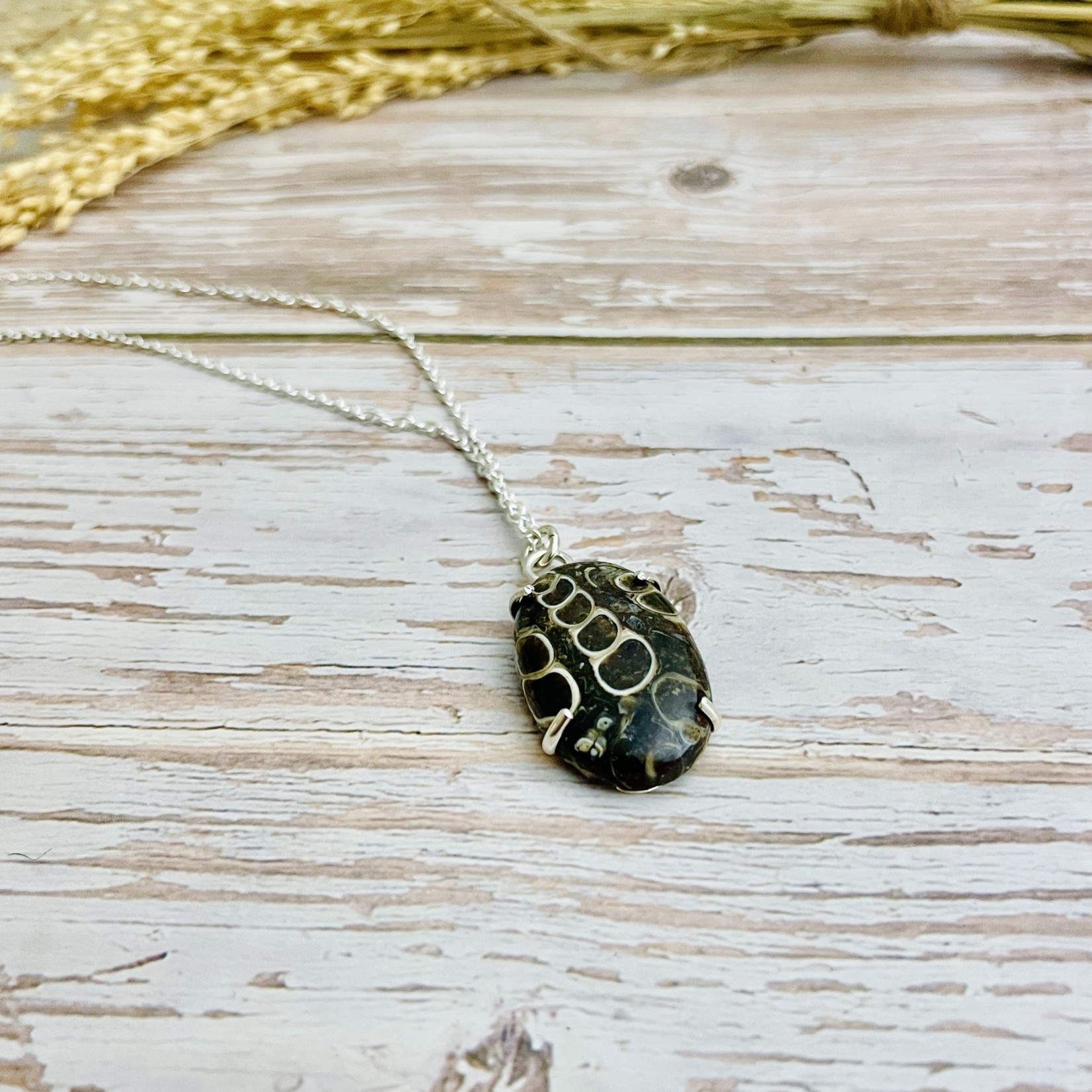 Handmade Silver Necklace with prong set turritella agate