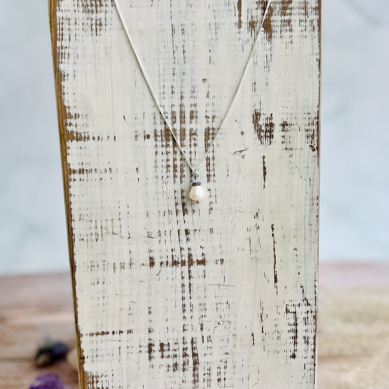 Handmade Silver Necklace with white pearl, pave diamond, aquamarine
