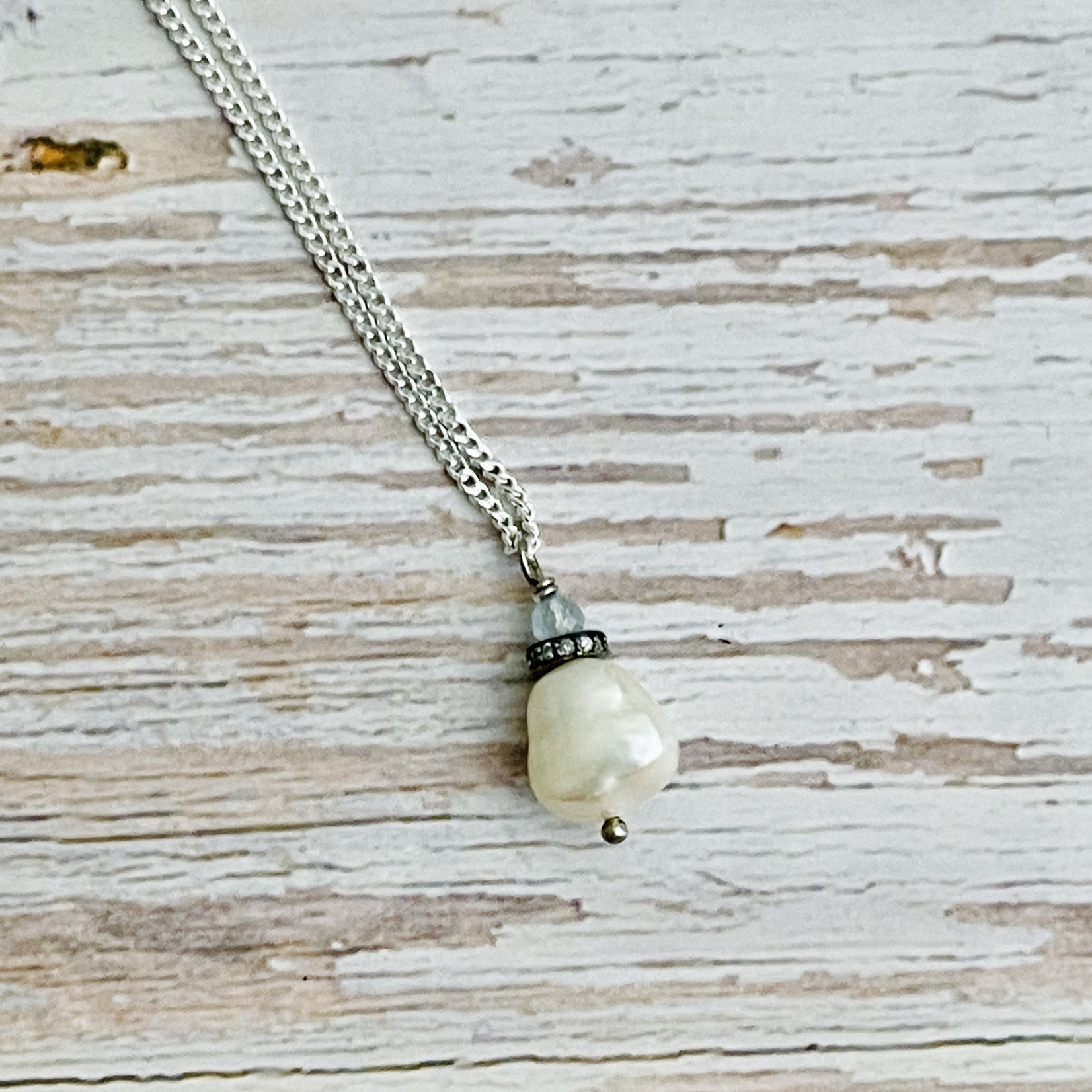 Handmade Silver Necklace with white pearl, pave diamond, aquamarine