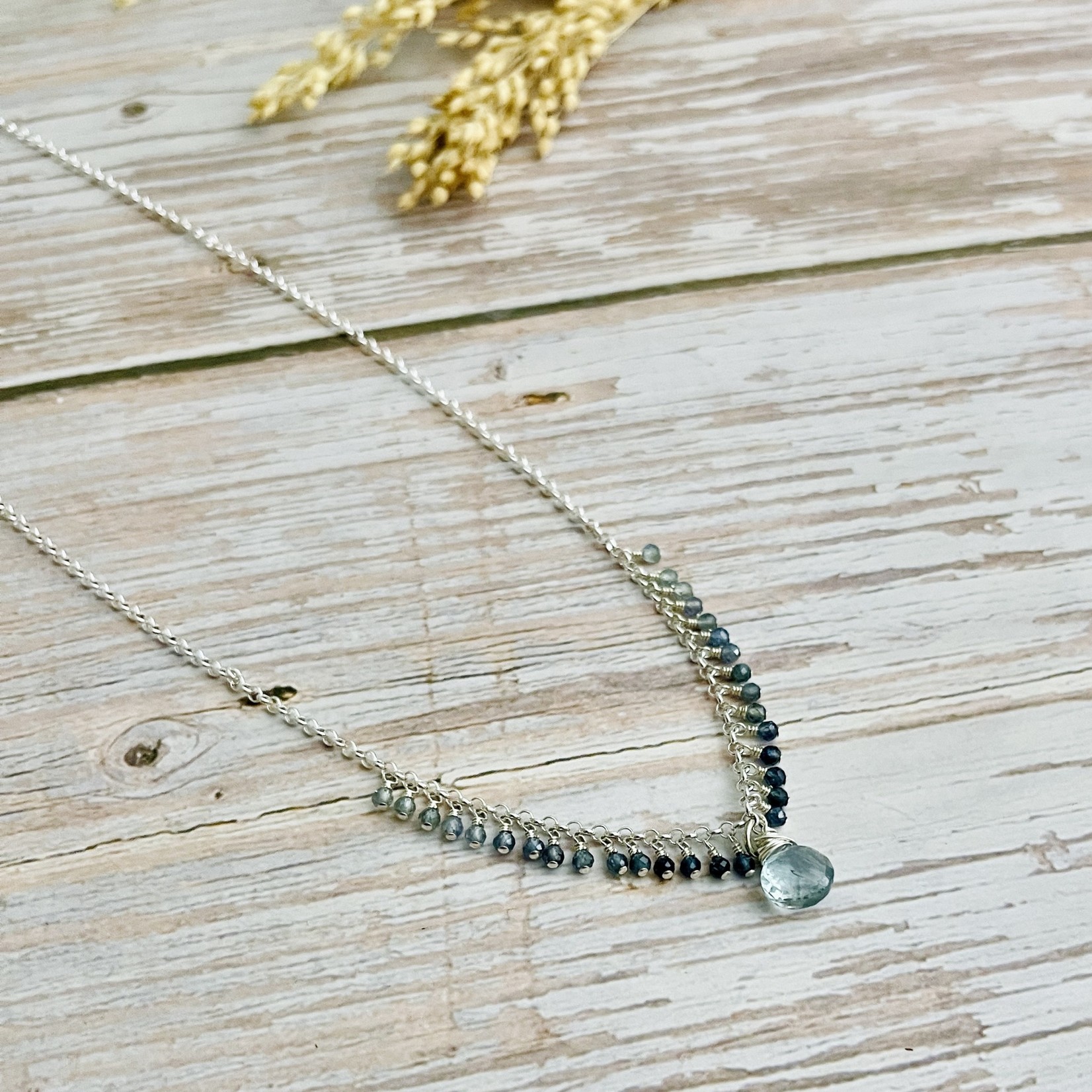 Handmade Silver Necklace with 18" plus 2", 1/2", graduated green sapphires, moss aquamarine briolette