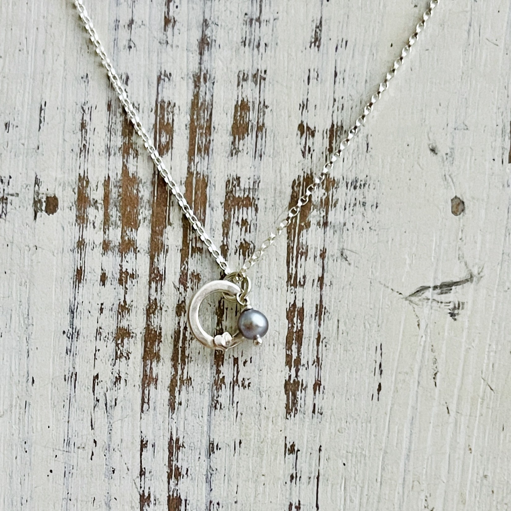 Handmade Silver Necklace with grey pearl, washer with silver heart