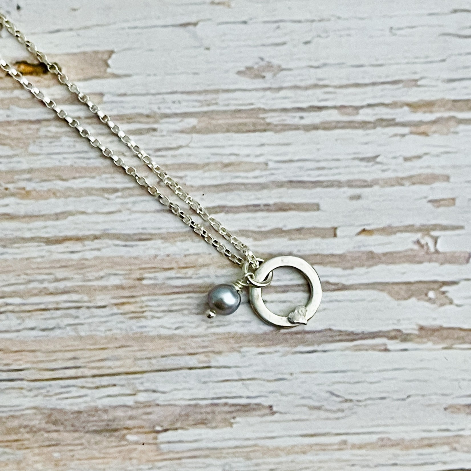 Handmade Silver Necklace with grey pearl, washer with silver heart