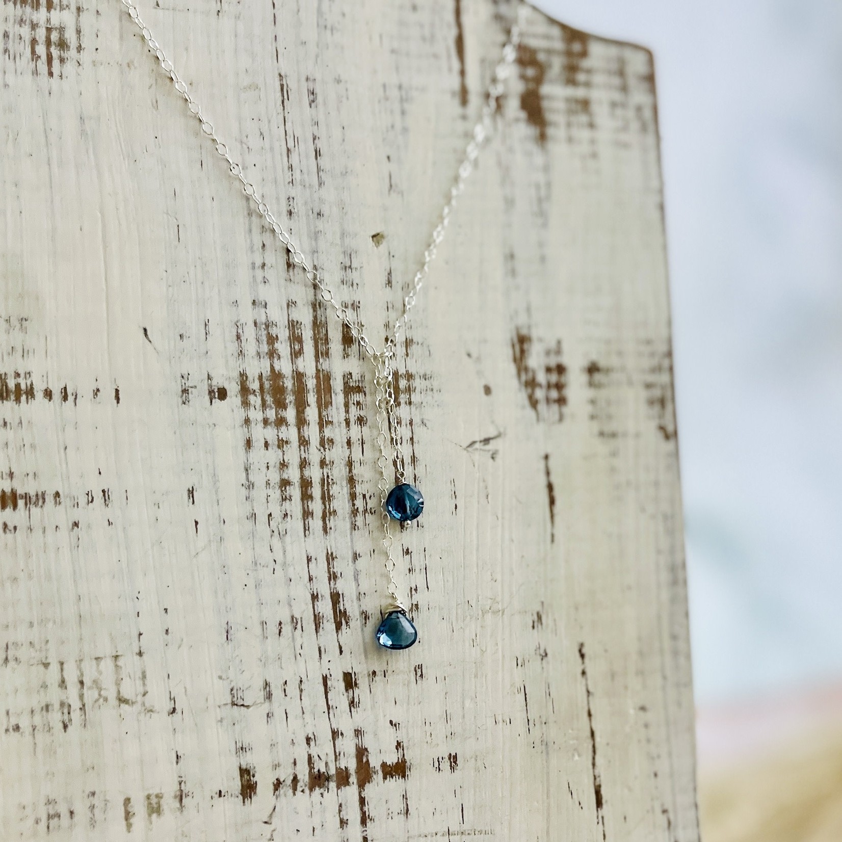 Handmade Silver Necklace with false lariat: london blue quartz briolette and coin
