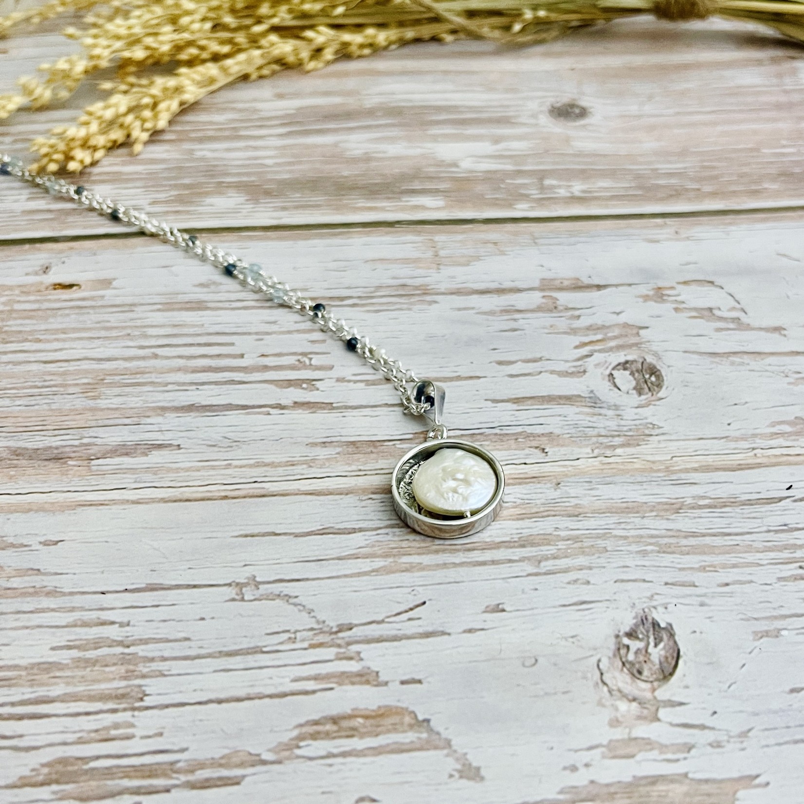 Handmade Silver Necklace with white coin pearl, textured silver disc and connected sapphire and aquamarine chain,  20" plus 2", 1 1/2",