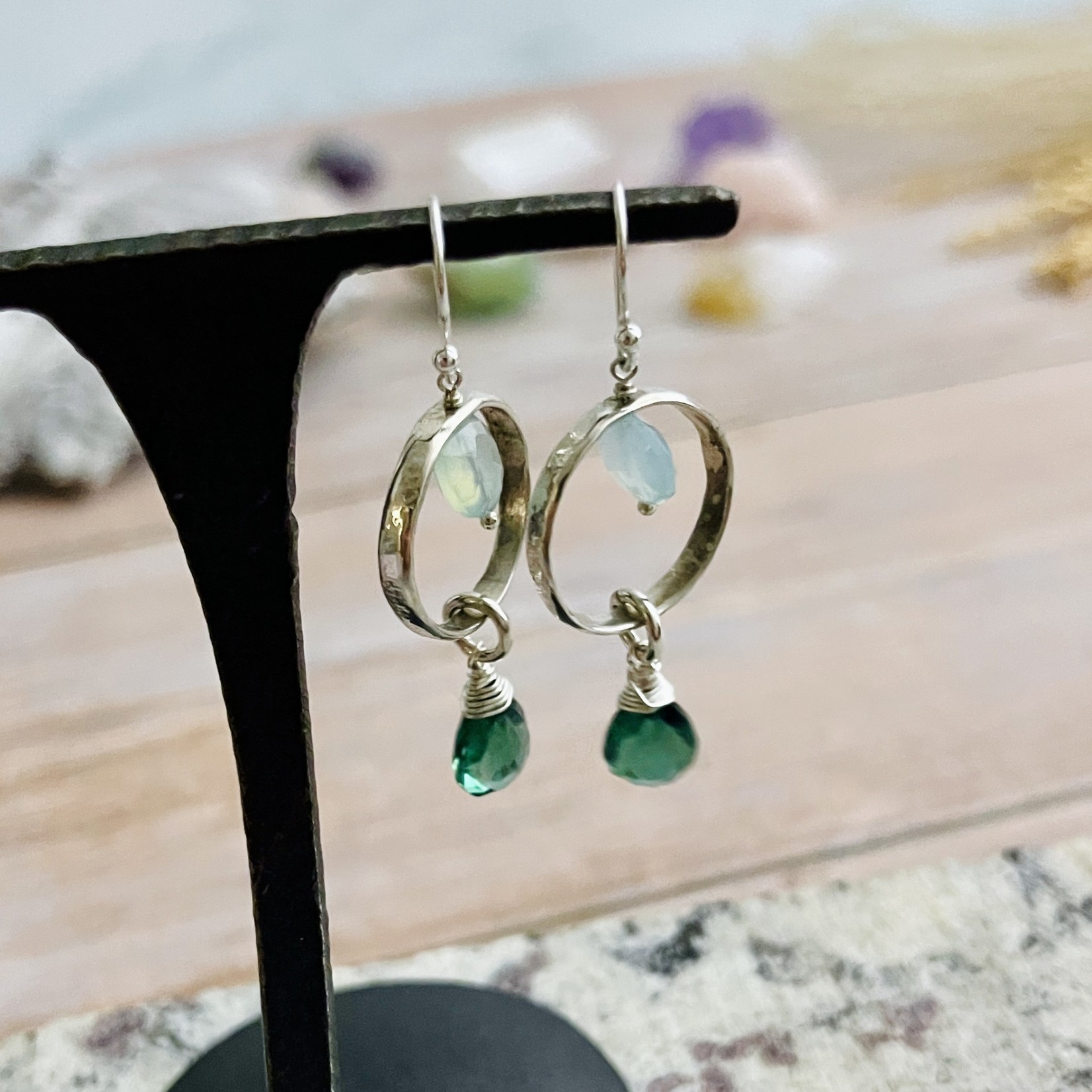 Handmade Silver Earrings with peruvian chalcedony coin, hammered ring, green hydro briolette