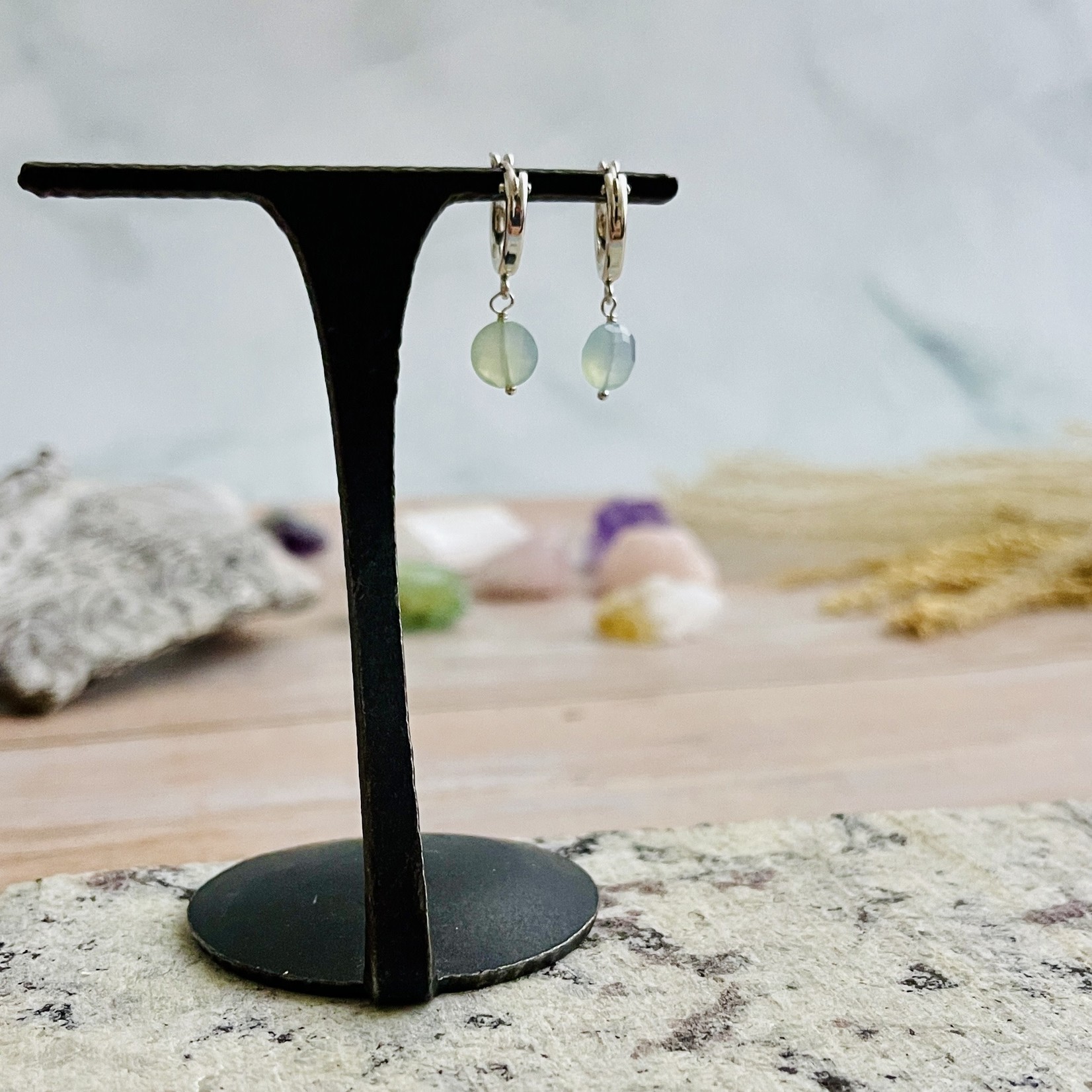 Handmade Silver Earrings with small hoop, chalcedony coin