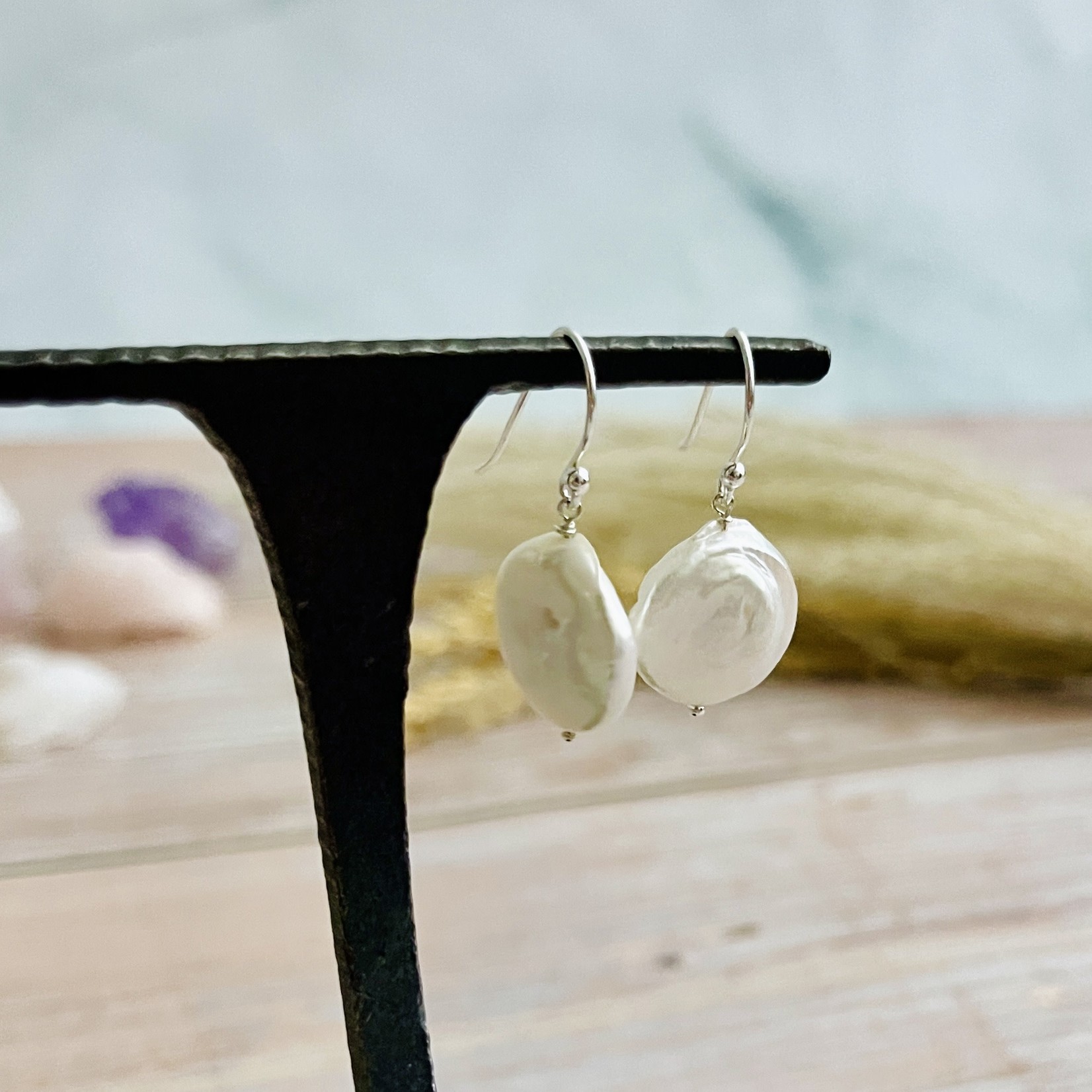 Handmade Silver Earrings with white coin pearl