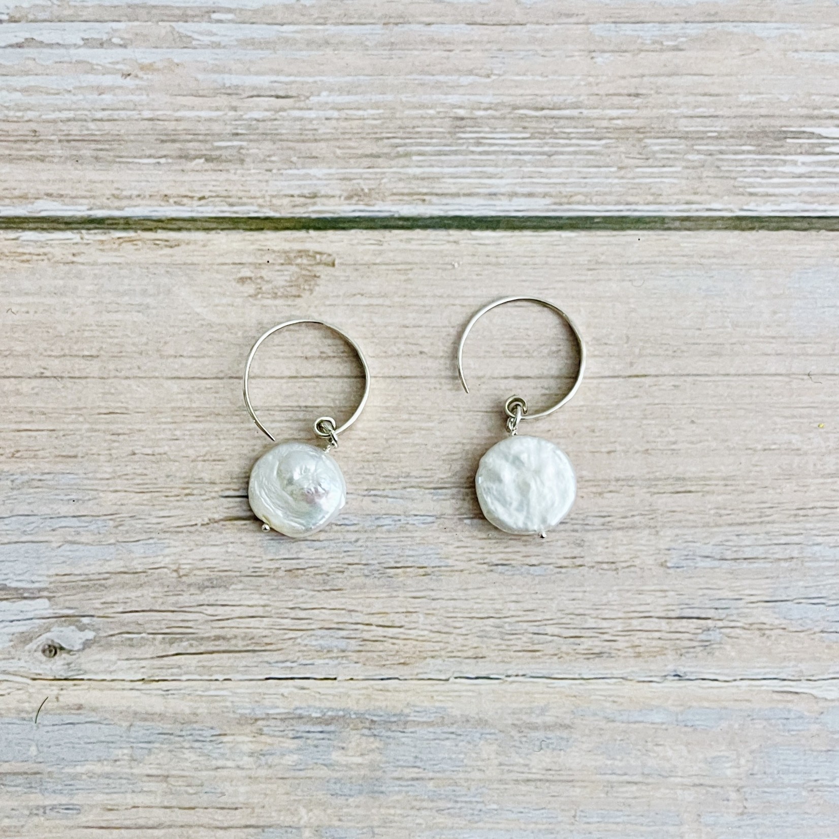 Handmade Silver Earrings with white coin pearl, hammered earwire