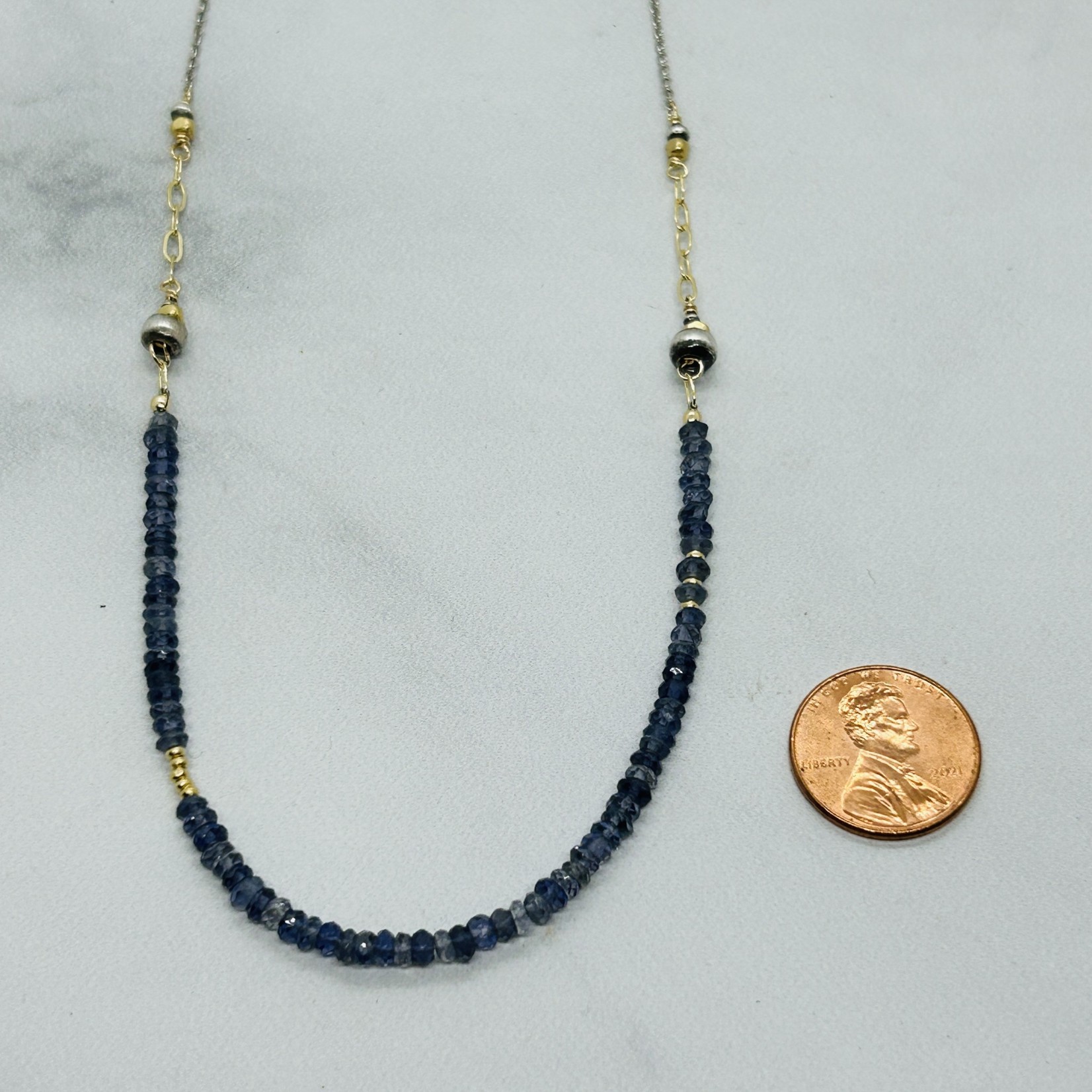 Handmade Necklace with string of faceted 4mm Iolite with sterling and 14kt gold filled chain