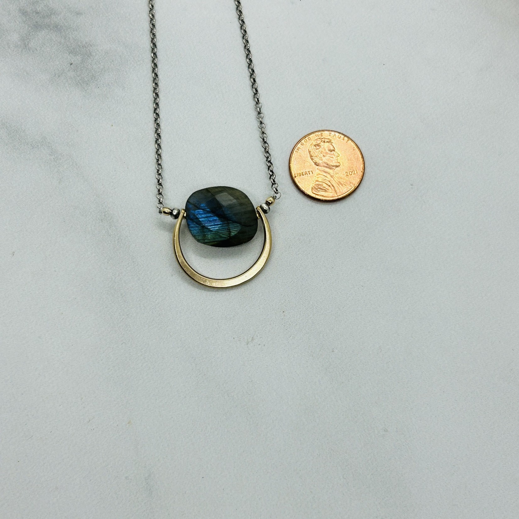 Handmade Faceted Labradorite Slab in 14kt semi circle on Oxdized Sterling 16" Chain Necklace