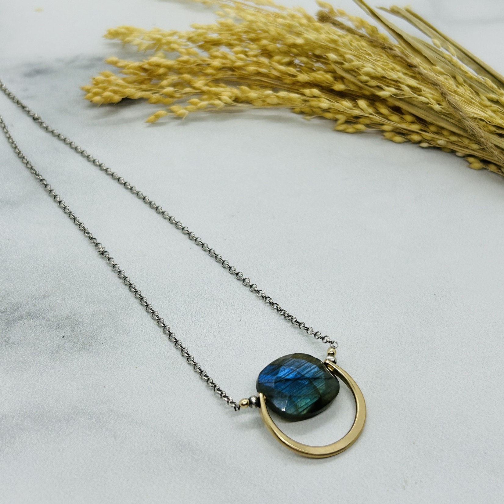 Handmade Faceted Labradorite Slab in 14kt semi circle on Oxdized Sterling 16" Chain Necklace