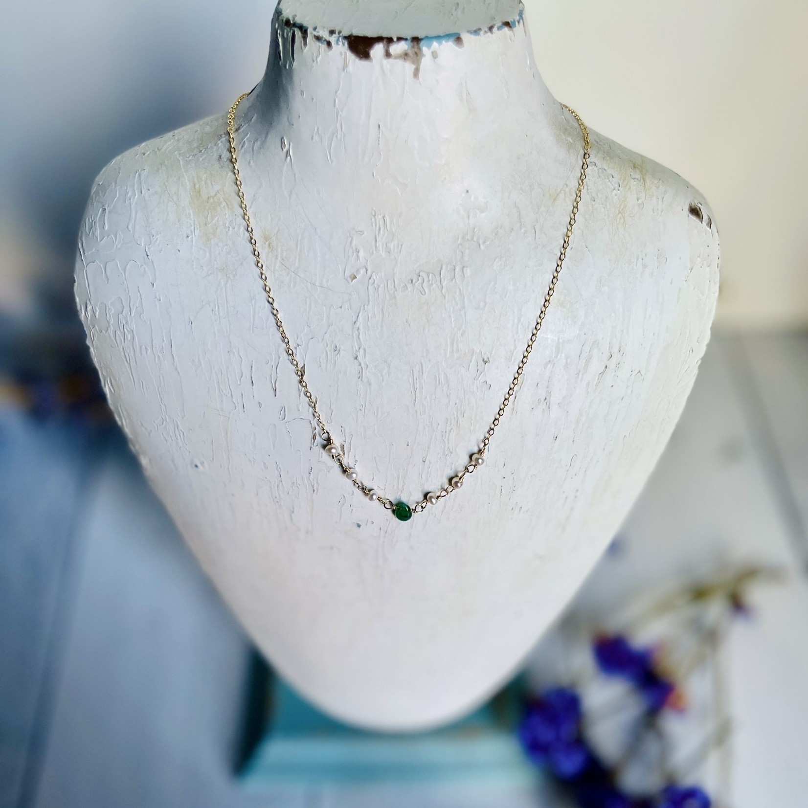 Laura Stark Designs Dainty Emerald and Pearl Necklace, GF