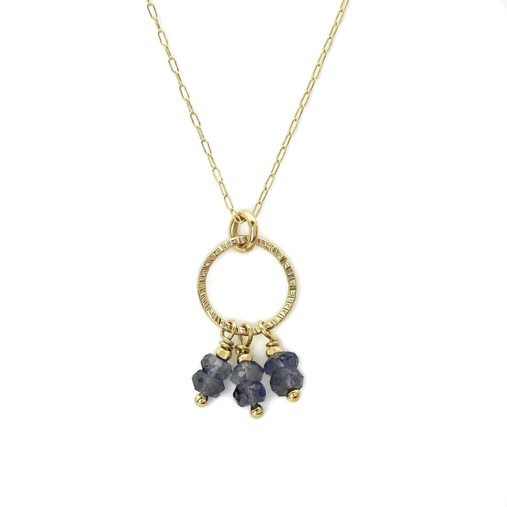 J&I Handmade Necklace with faceted 4mm Iolite dangles  on 14k Gold filled Circle Pendant