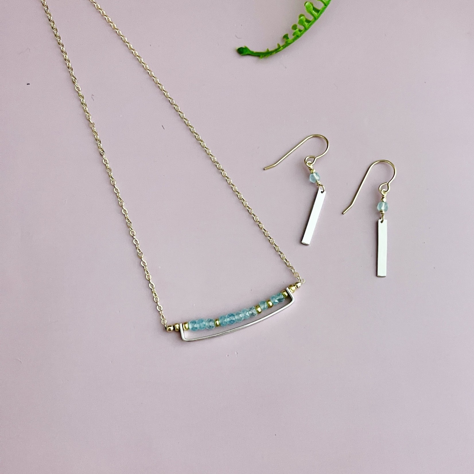J&I Handmade Aqua chalcedony, double sterling curve, gf chain necklace. 16"L