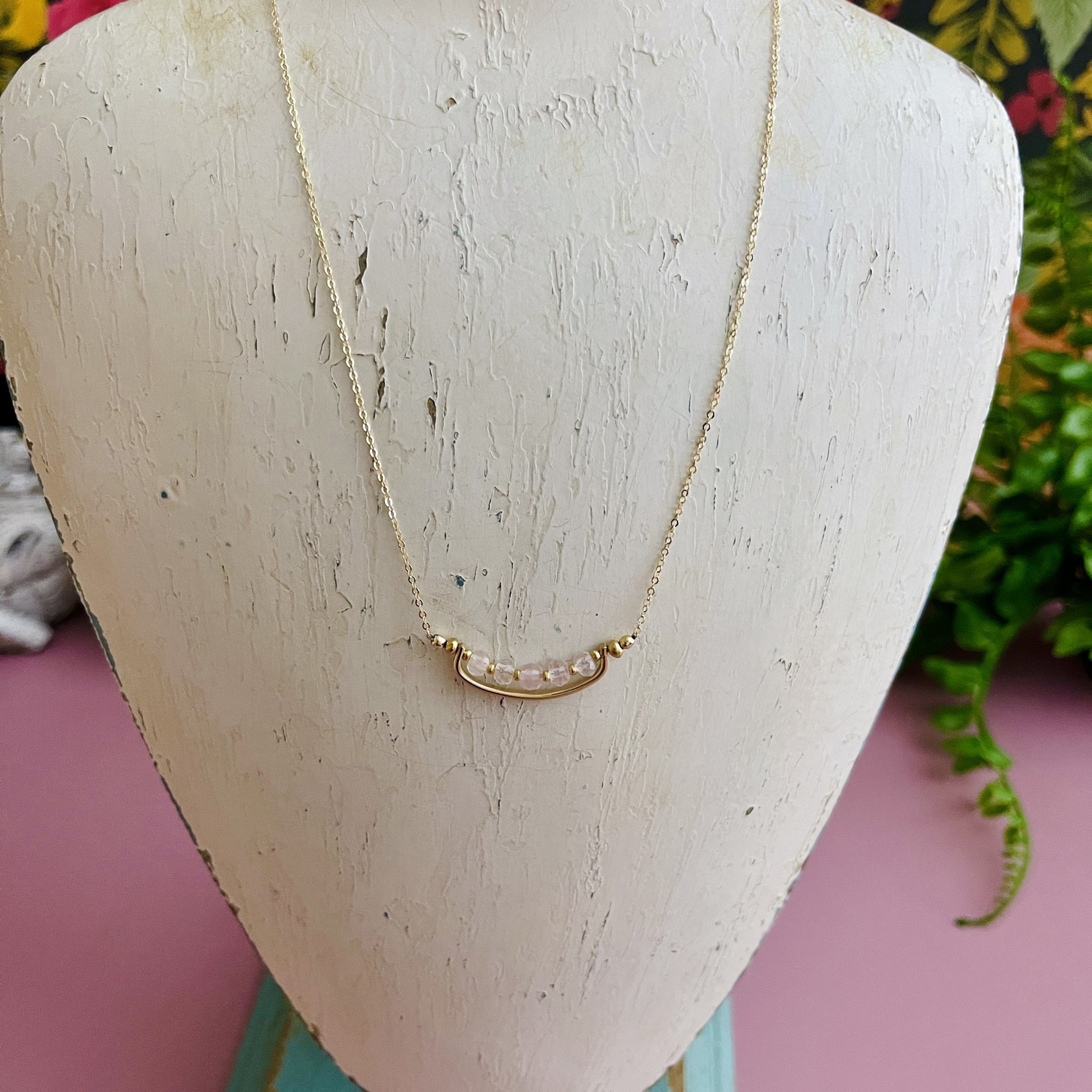 J&I Handmade Rose quartz and 14kt gold filled bar necklace. 16"L