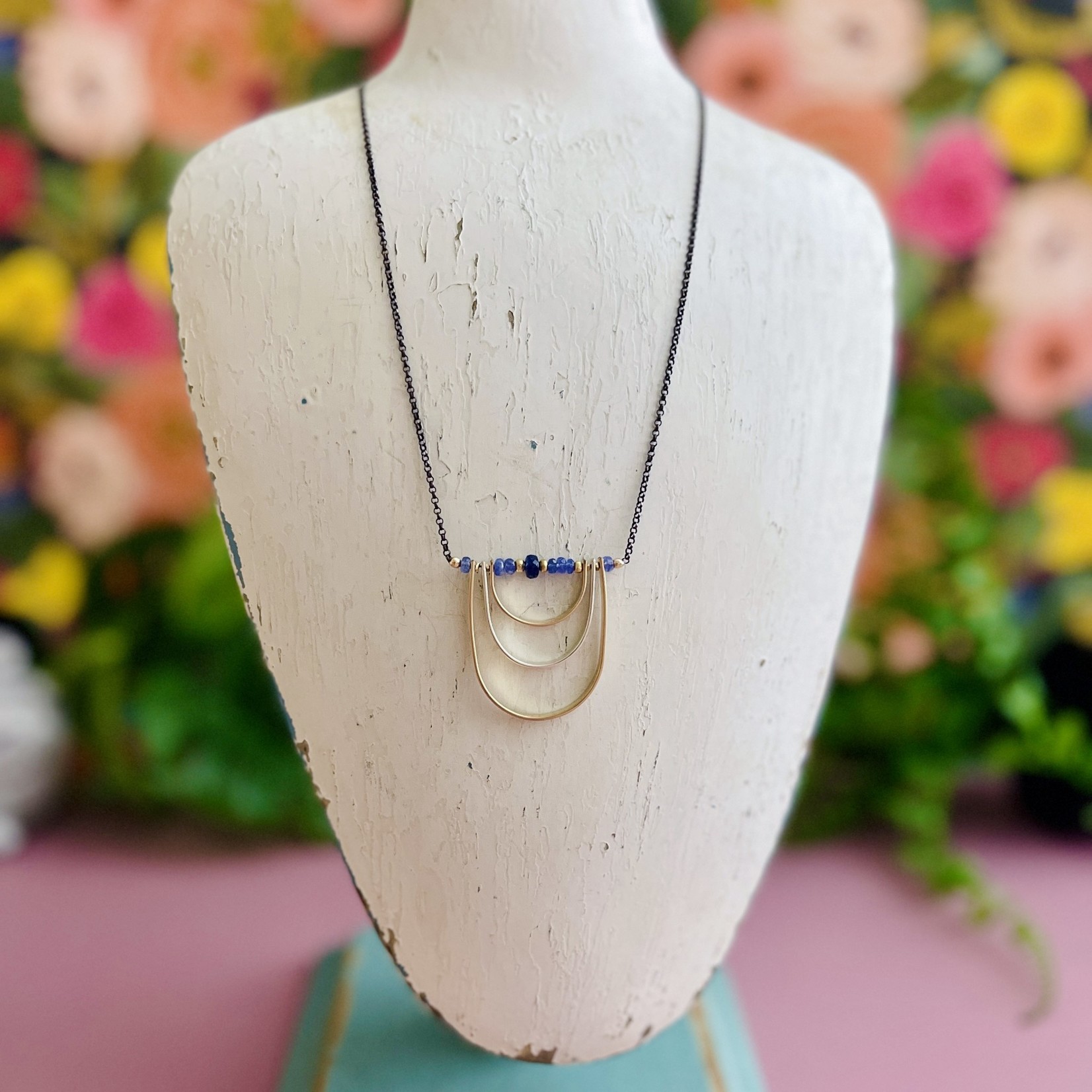 J&I Handmade Tanzanite, blue sapphire, 14kt gold filled + sterling curve necklace. 18"L
