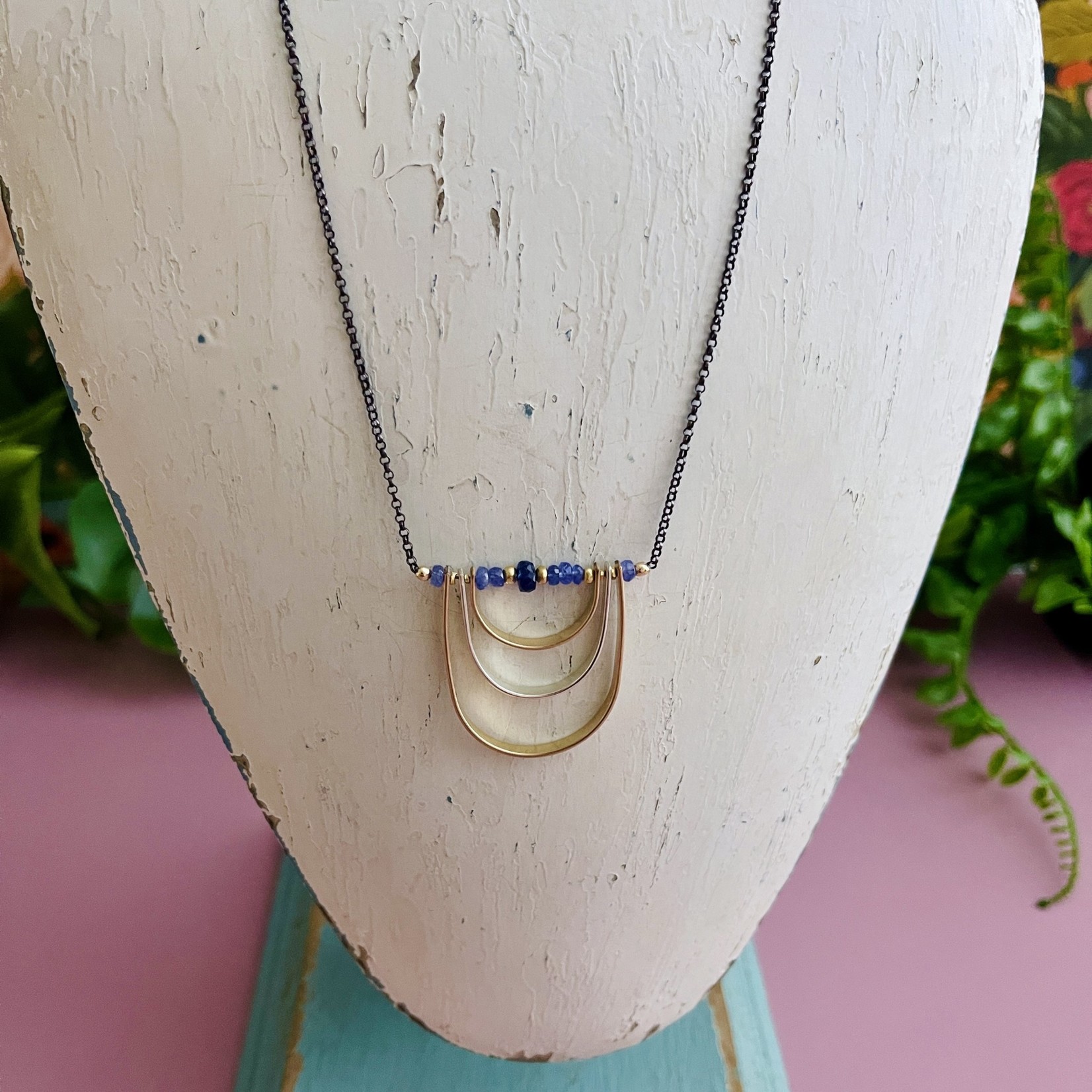 J&I Handmade Tanzanite, blue sapphire, 14kt gold filled + sterling curve necklace. 18"L