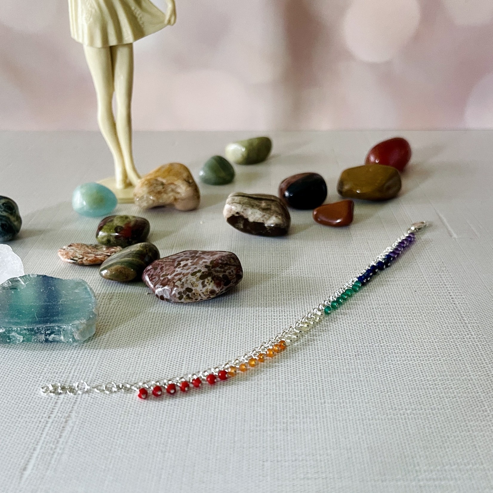 Handmade Bracelet with dangle pride: coral, carnelian lemon quartz, green onyx, lapis, amethyst
