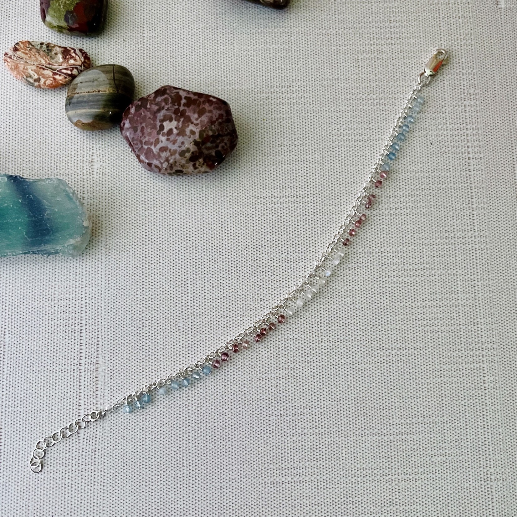 Handmade Bracelet with dangle trans pride: aquamarine, pink tourmaline, rainbow moonstone