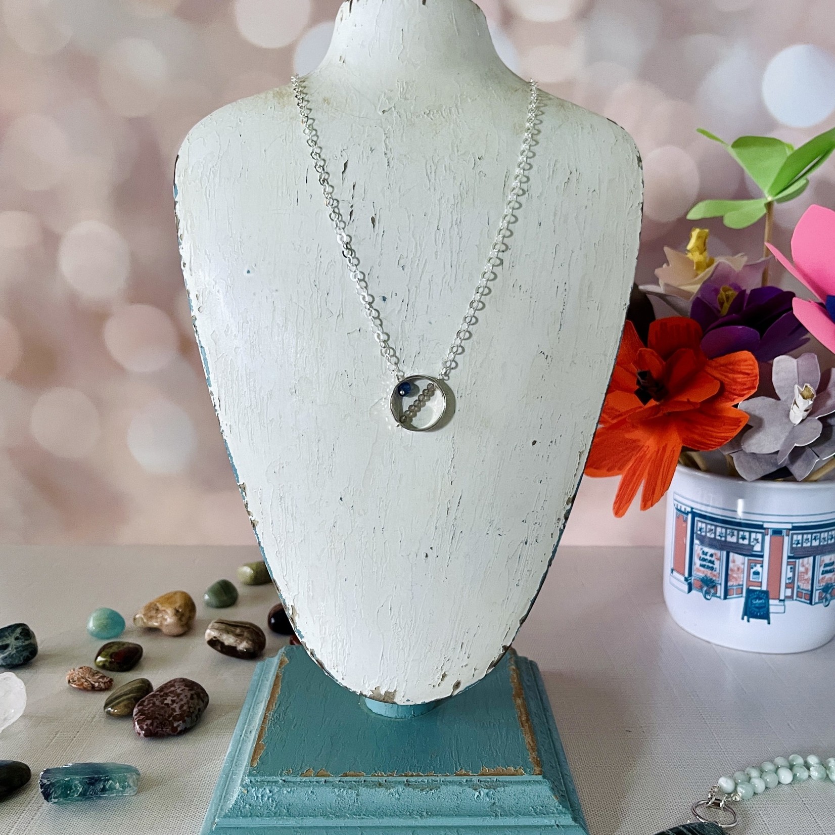 Handmade Necklace with hammered ring, stack tiny labradorite, single sapphire onion