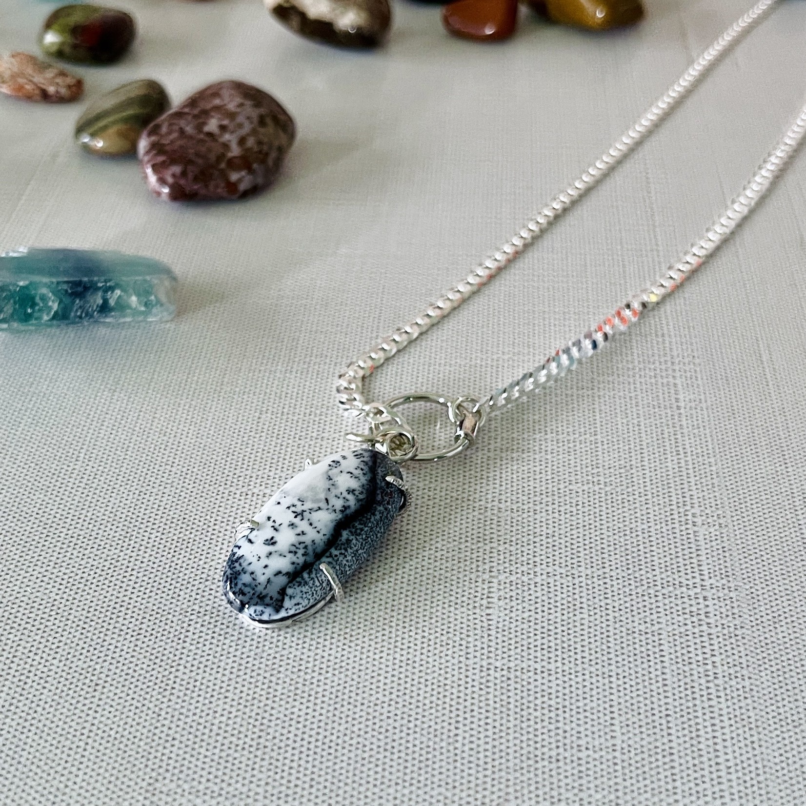 Handmade Necklace with curb chain, round silver carabiner, removable prong set dendritic opal