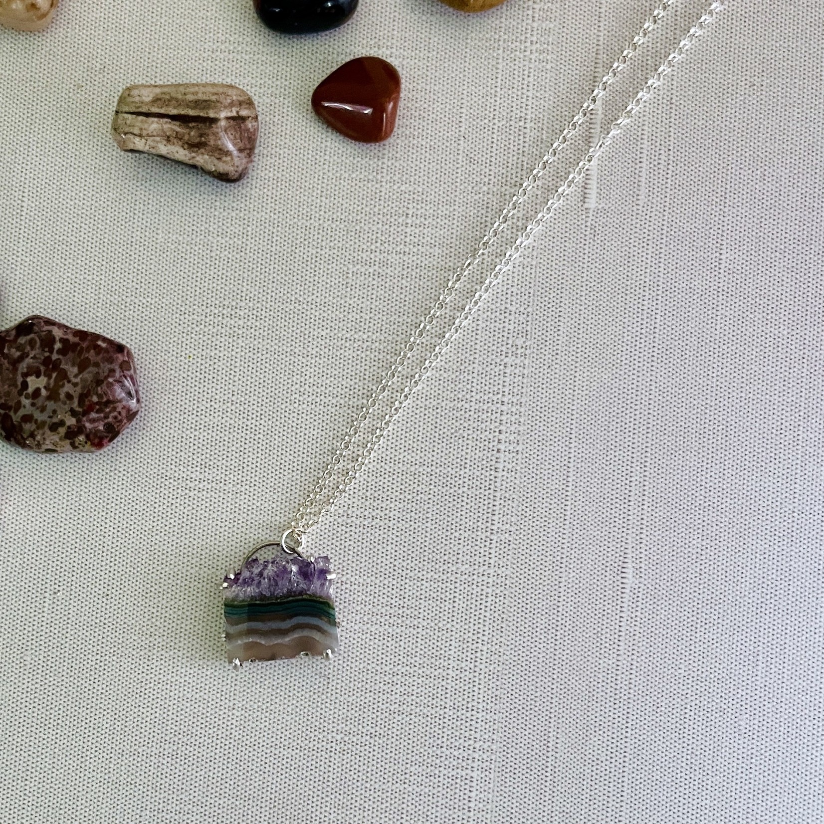 Handmade Necklace with prong set raw amethyst slice