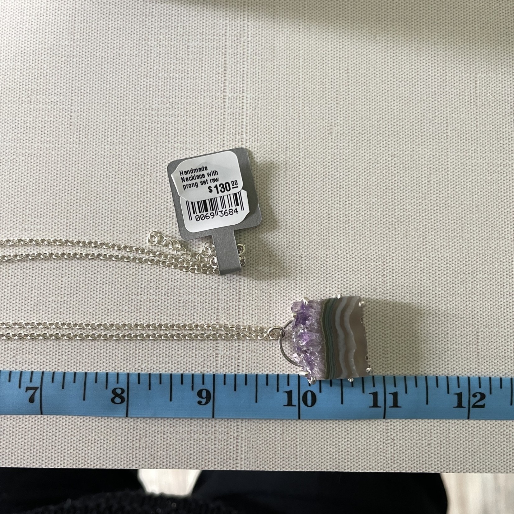 Handmade Necklace with prong set raw amethyst slice