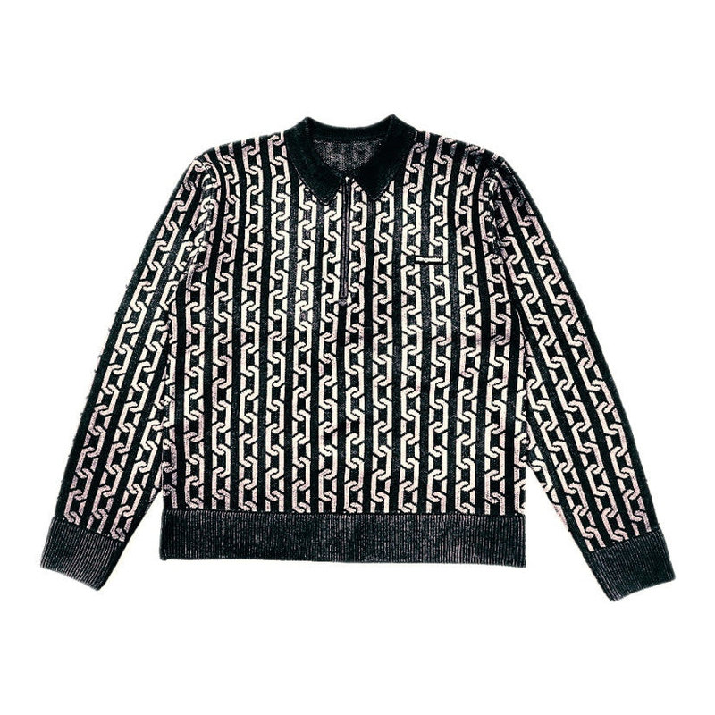 Stingwater Collared Half Zip Jacquard Chain Sweater - Black - Palm