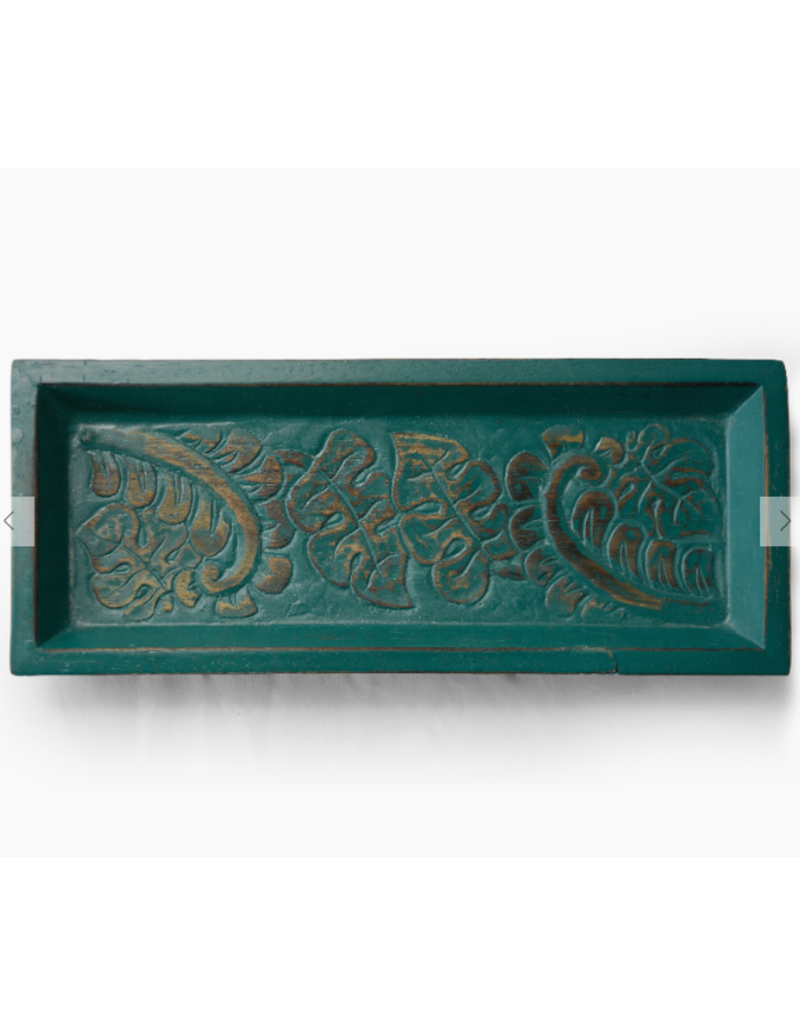 Indonesia Carved Wooden Leaf Tray Teal