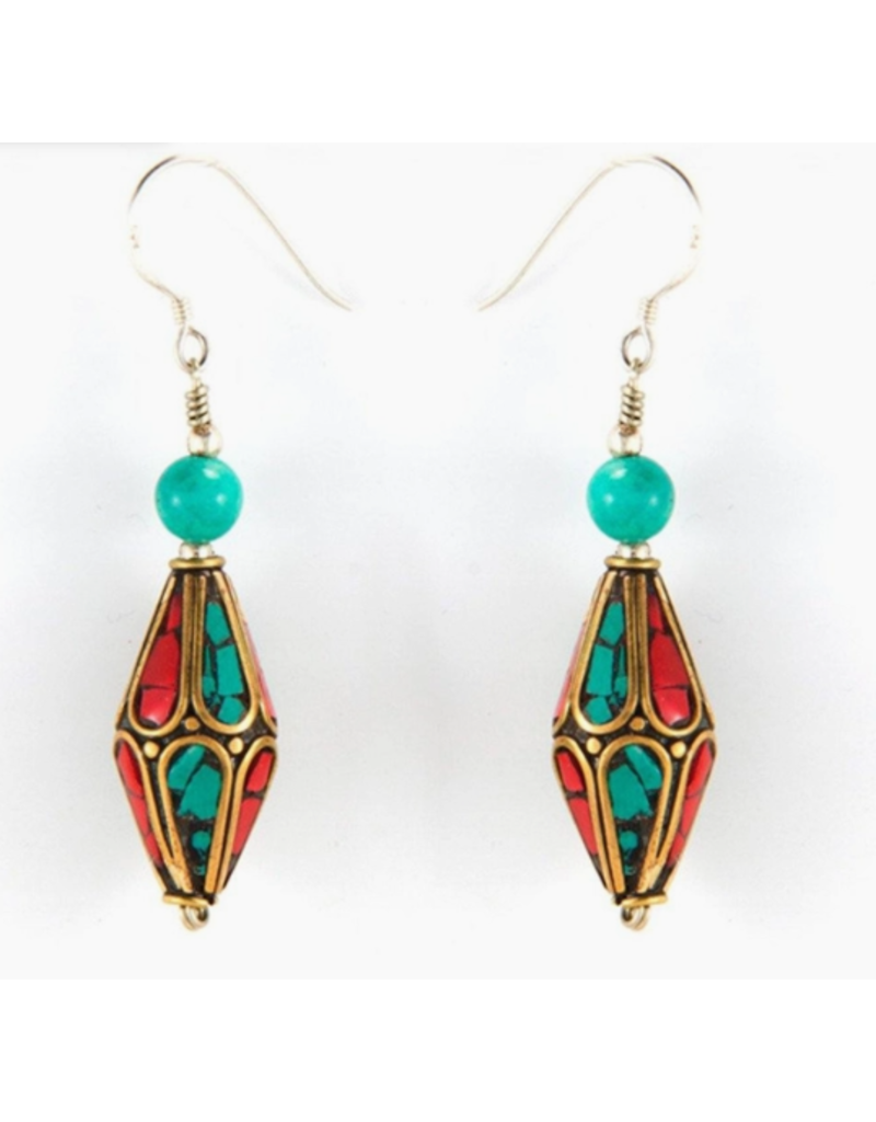 Nepal Turquoise & Coral Tones Tibetan Earrings