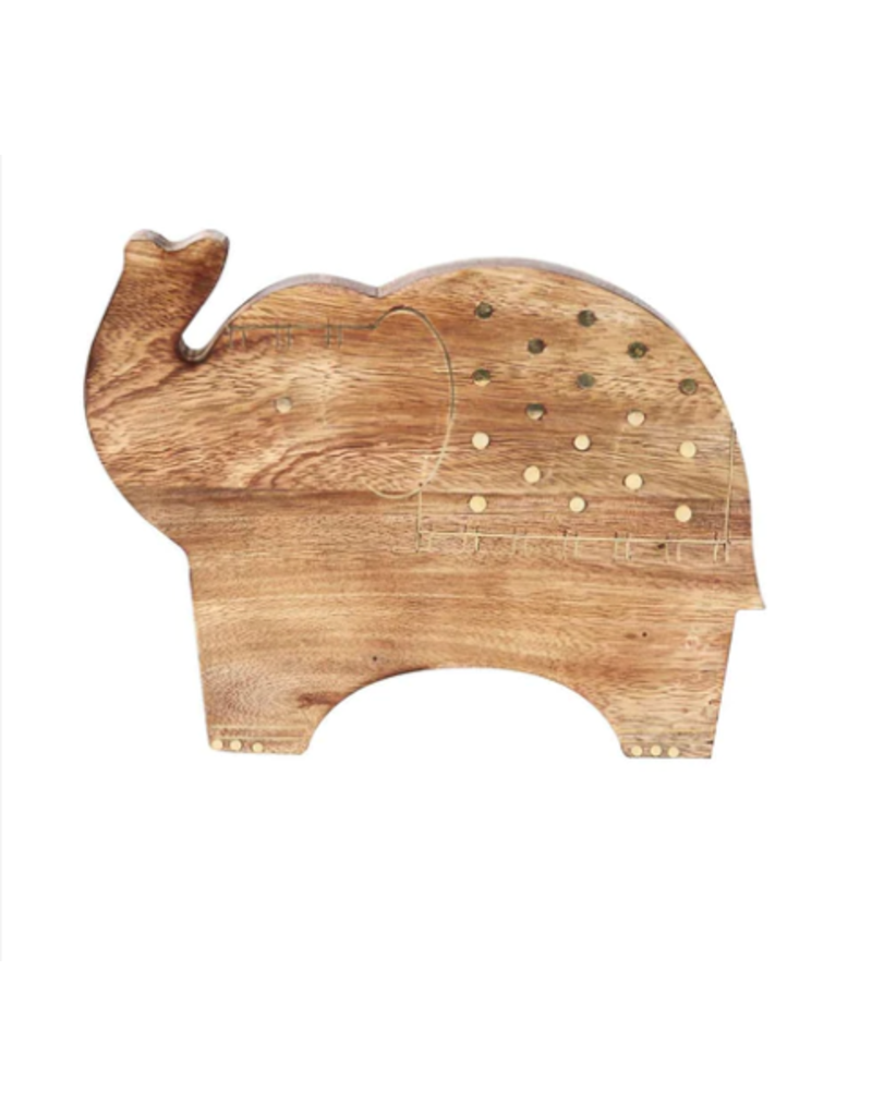 India Wood Elephant Trivet w Brass Inlay 6"x8"