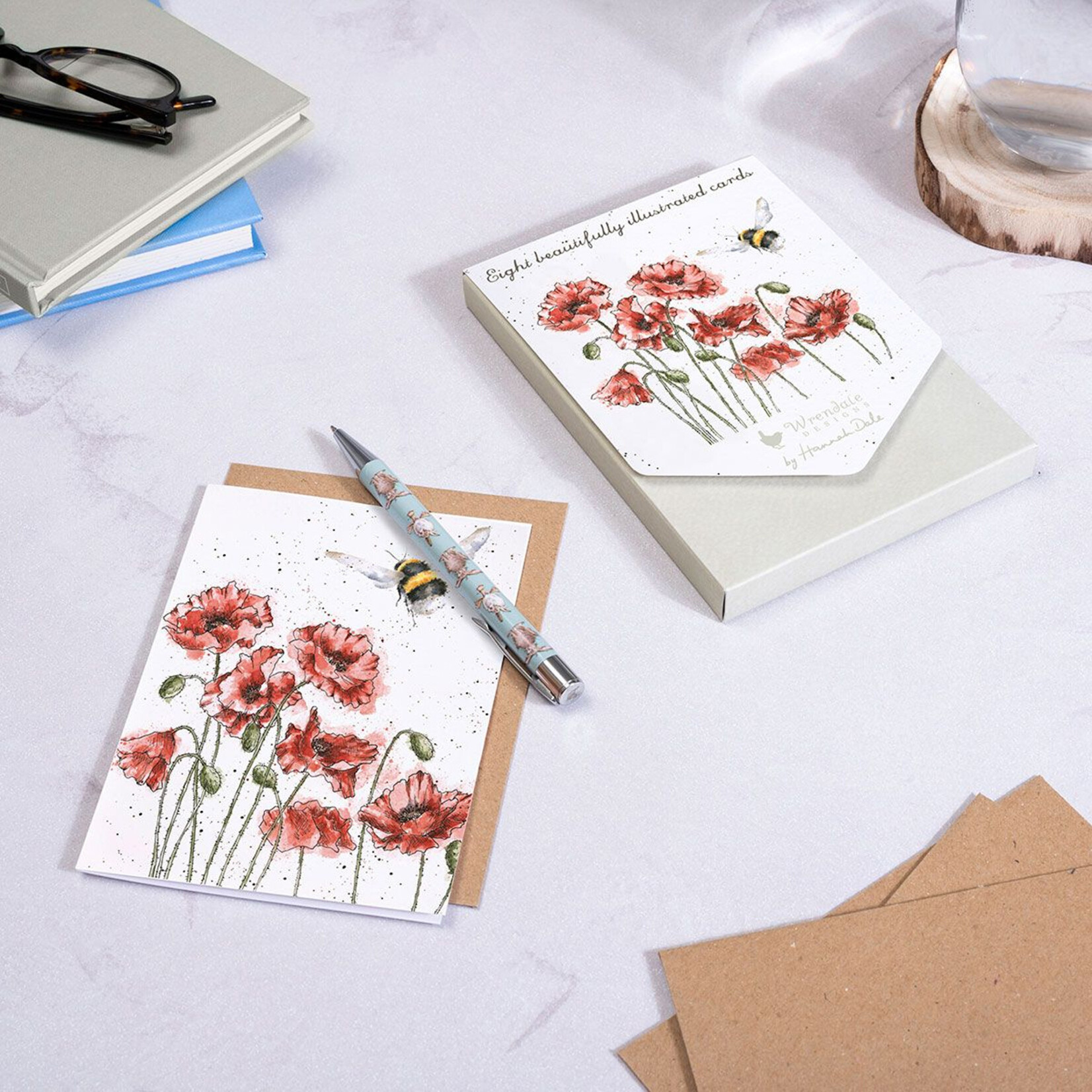 Wrendale Notecard Set - Poppies and Bee