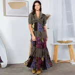 Young Threads Boho V-Neck Patchwork Maxi Dress