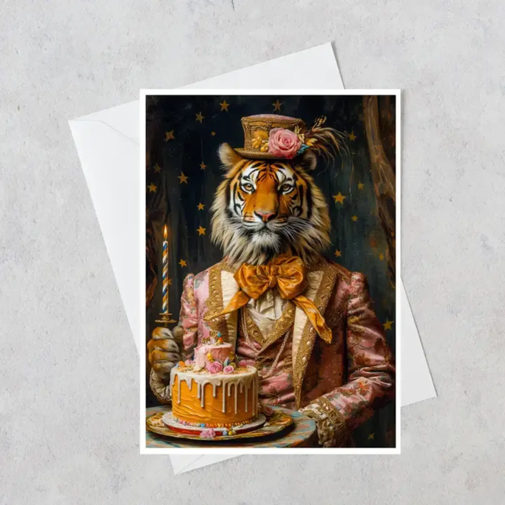 Salty Alyce Card - Tiger with Pink Tiered Cake (Blank Inside)