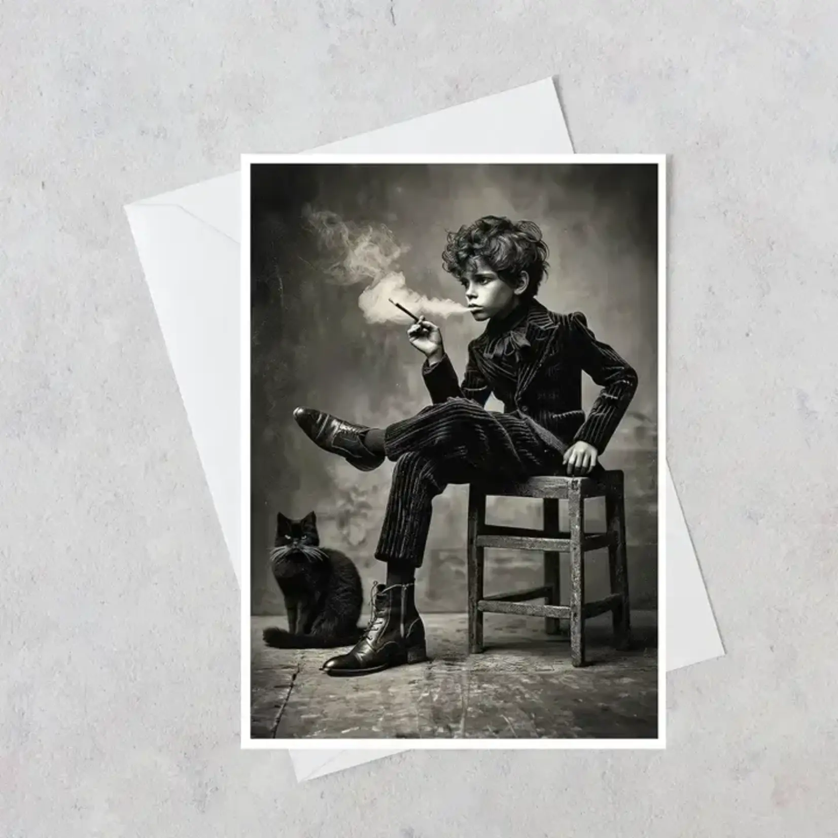 Salty Alyce Greeting Card - Smoking Boy with Black Cat