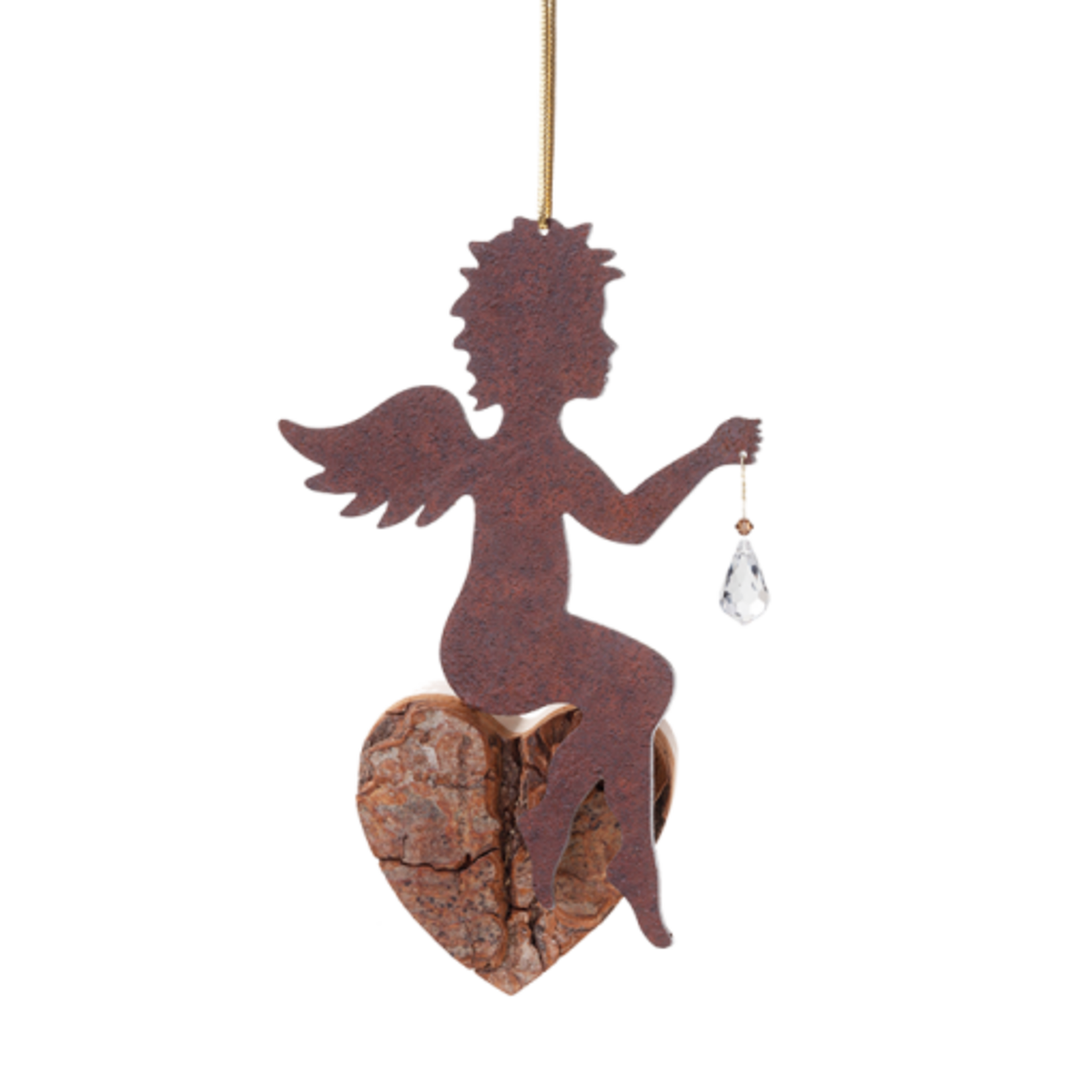 Waldfabrik Sitting Angel with Bark Heart and Crystal